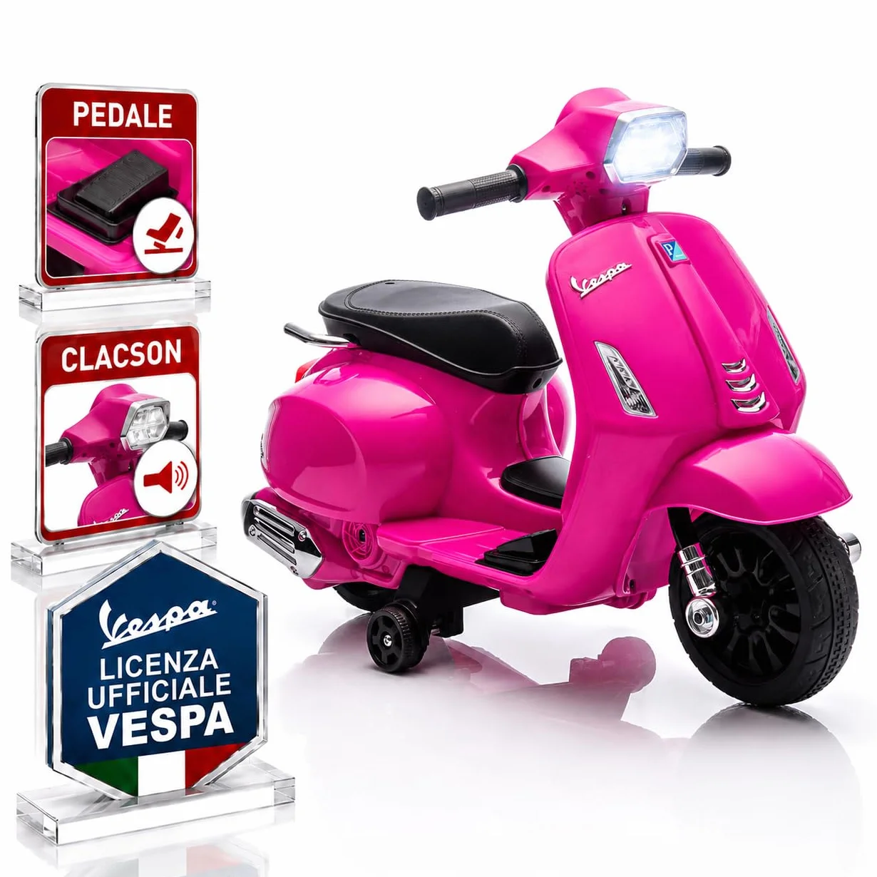 TOYSCAR Moto Elettrica Bambini Mini Vespa Elettrica per Bambini 18-36 Mesi, Moto per Bambini 6V con Licenza Ufficiale Piaggio, Luci LED, Clacson, Pedale, Ruote Stabilizzatrici (Rosa)