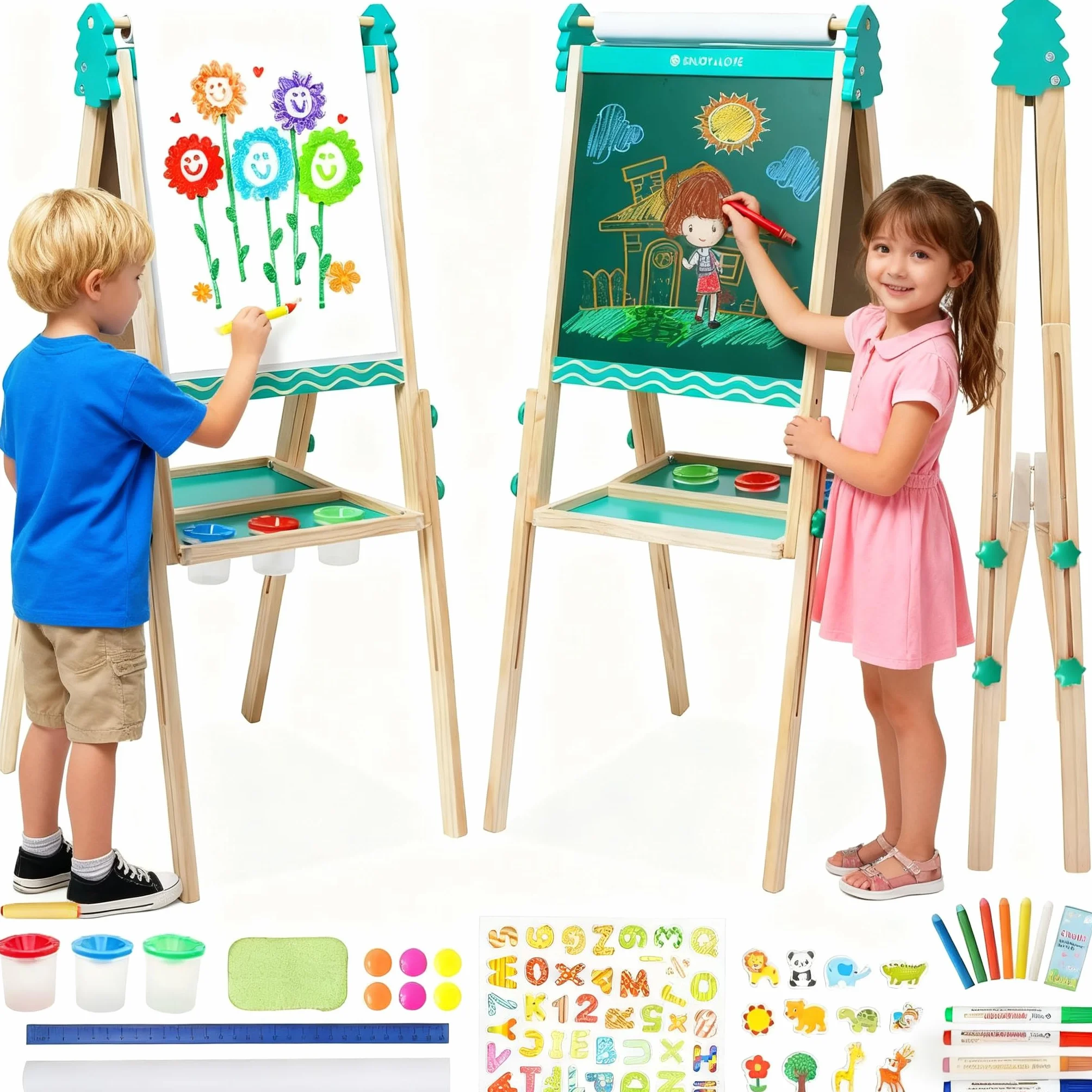 Lavagna per bambini, Lavagna con Cavalletto Bambini in legno, Disegno dell'arco regolabile in altezza, per bambini, con Rotolo di carta Giocattoli Educativi 3+ Anni (Blu)