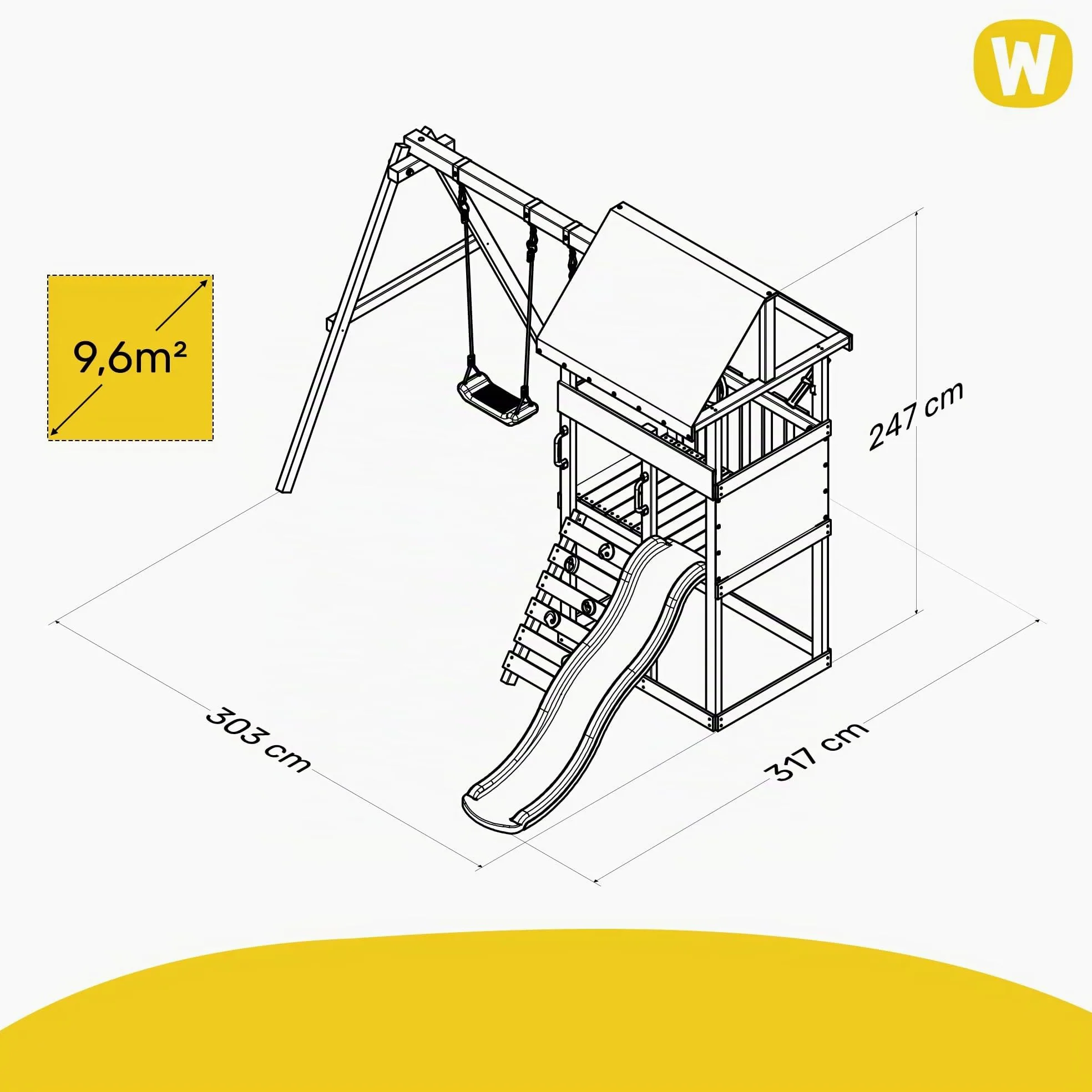 Wickey Parco giochi DinkyHouse con estensione dell'altalena - con scivolo & telone rosa pastello - Torre di arrampicata per bambini per il giardino in legno massiccio - 303x317x247 cm