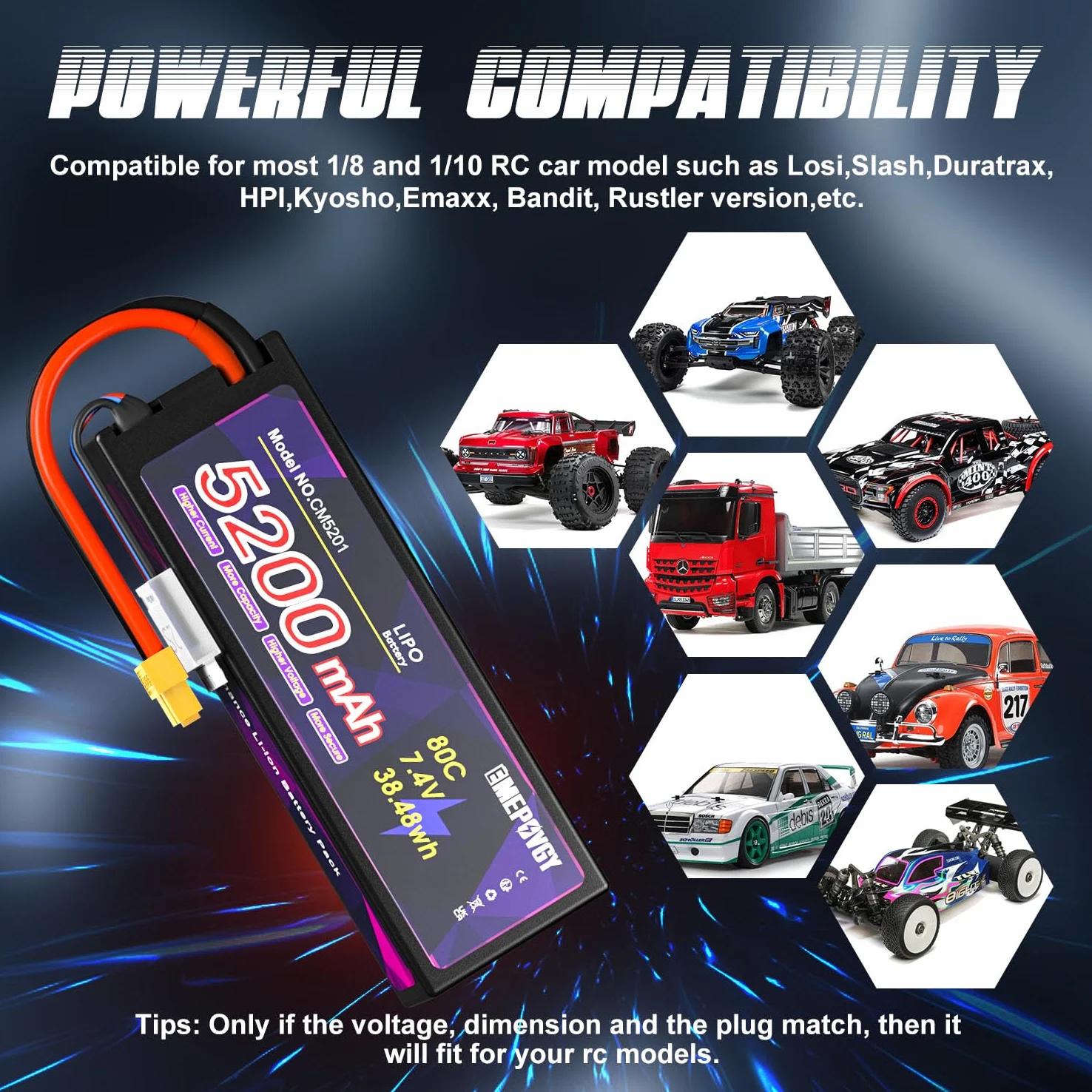 Batteria Lipo da 7,4 V 2S 5200 mAh 80C Lipos custodia rigida con connettore XT60 per auto RC camion 1/8 1/10 RC veicoli (2 confezioni)