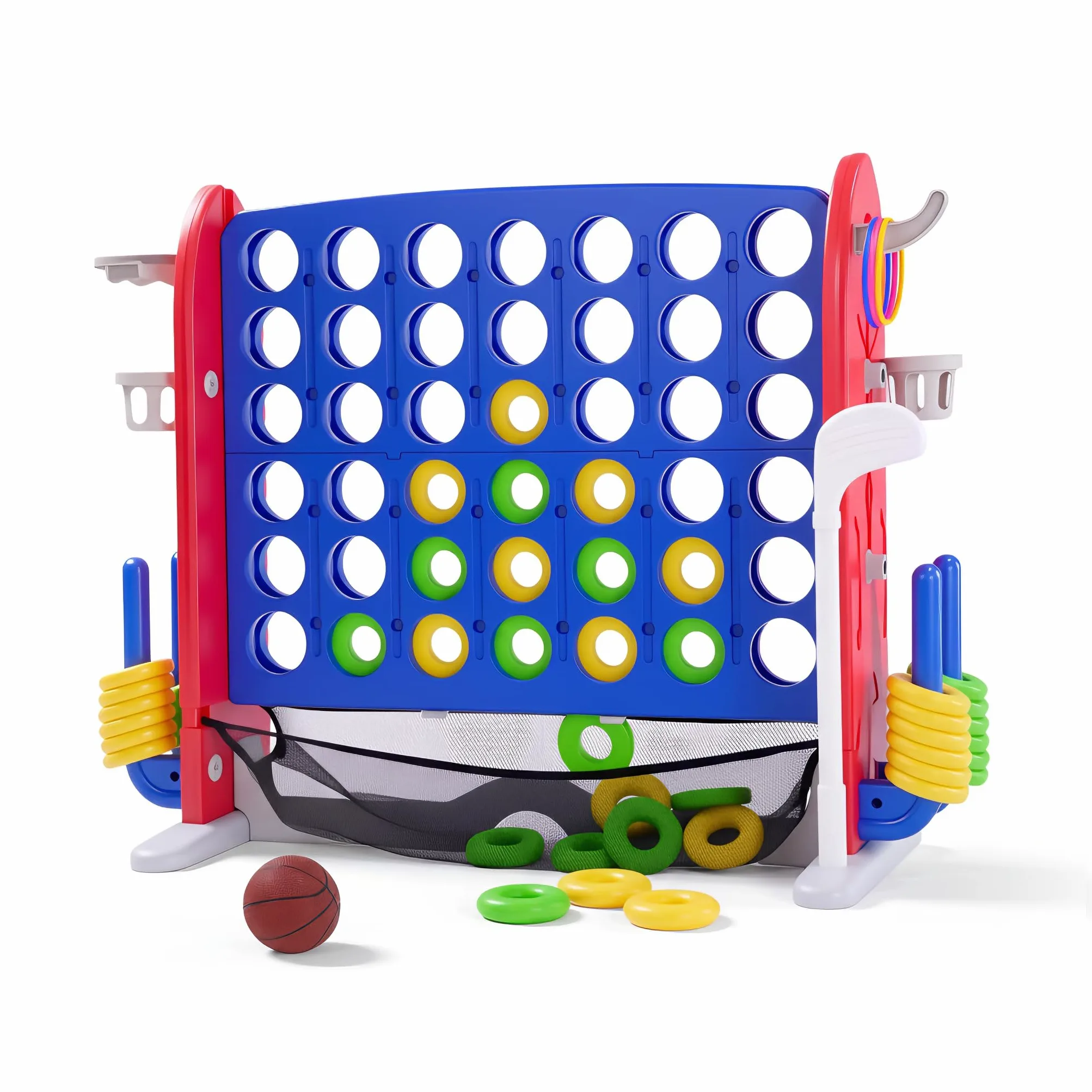 Gioco da Esterno 4-in-1 XXL con Canestro e Lancio Anelli – Altezza Regolabile – Perfetto per Feste, Giardino e Prato – Adatto a Bambini e Adulti – Include Gioco a 4 colonne Gigante – Colore: