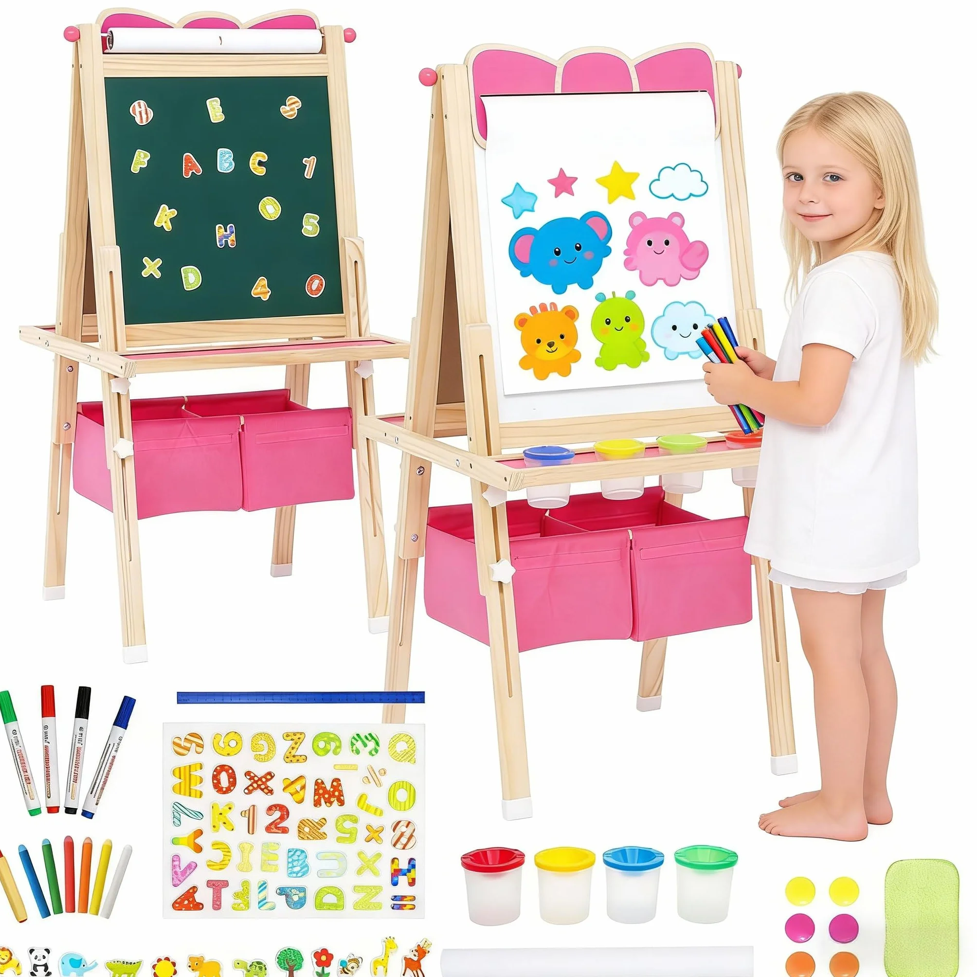 Lavagna per bambini, Lavagna con Cavalletto Bambini in legno, Disegno dell'arco regolabile in altezza, per bambini, con Rotolo di carta Giocattoli Educativi 3+ Anni (Rosa)