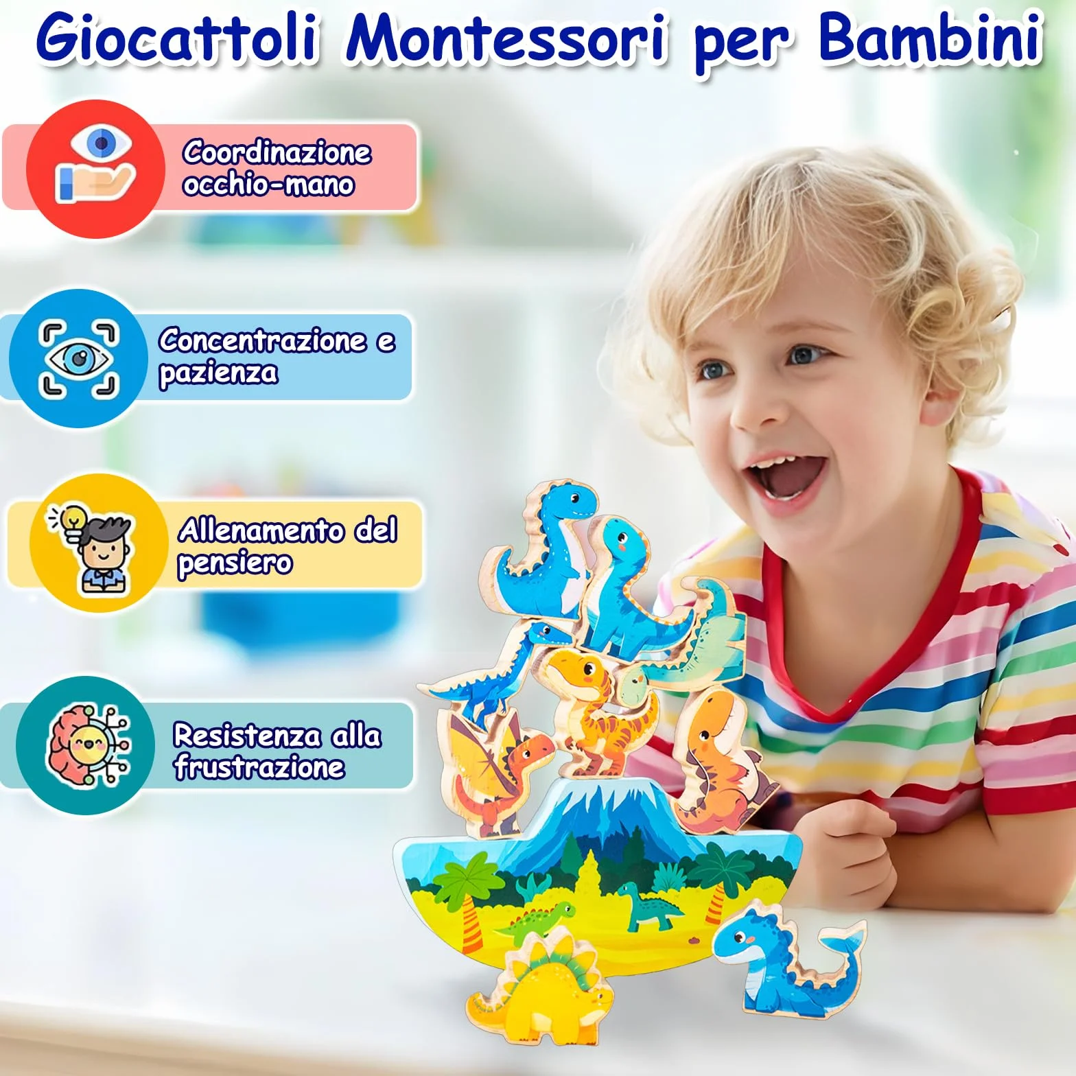 Echehi Dinosauro Giochi per Bambini, 11 pezzi Giochi Montessori per Bambini dai 18 Mesi in su, Apprendimento STEM, Capacità Motorie Fini e Interazione Genitore-figlio