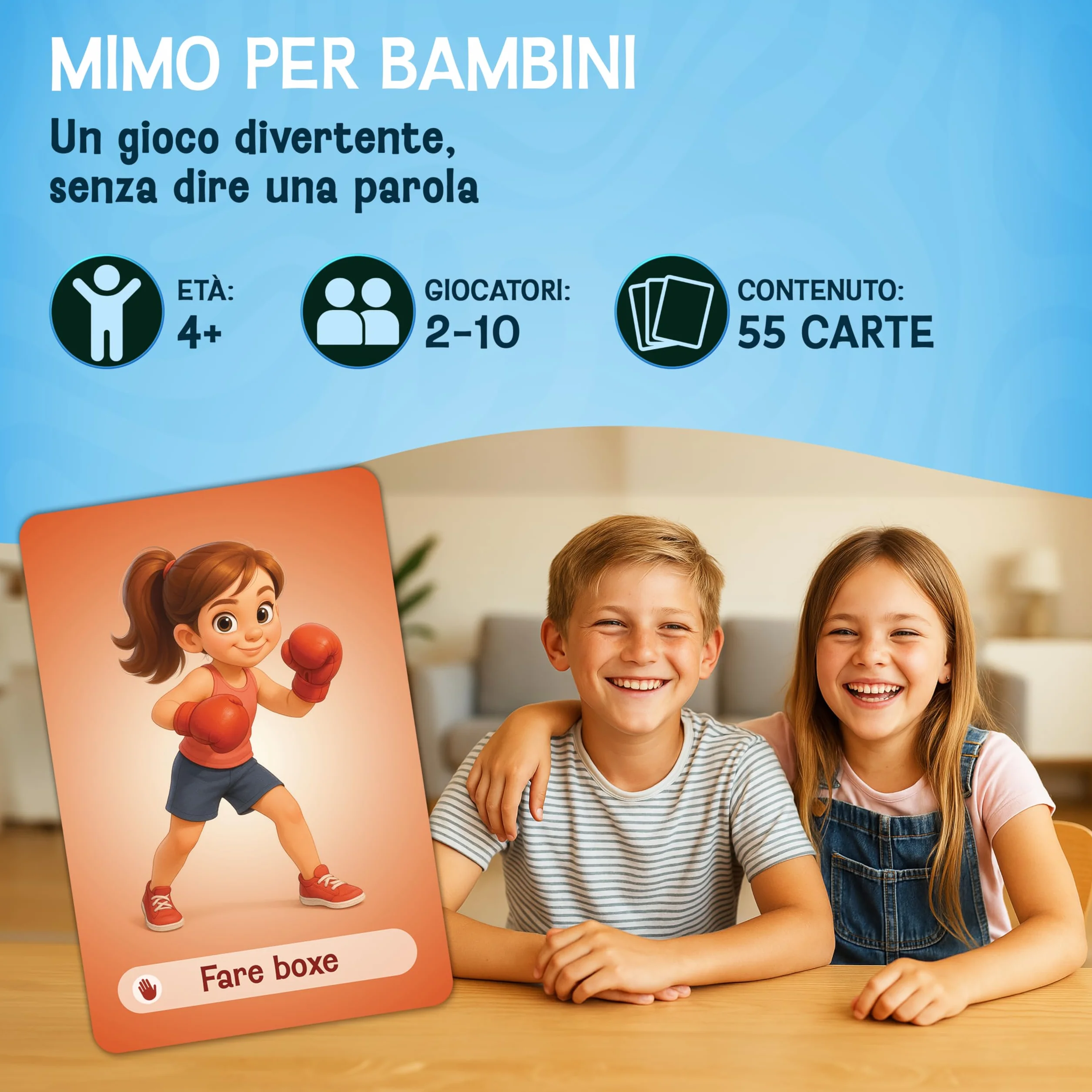 Mimo per bambini – Gioco carte divertente di mimica da 4, 5, 6, 7, 8, 9 anni – Gioco di indovinelli per tutta la famiglia – Per giocare all’aperto e in casa – Idea regalo per bambine e bambini