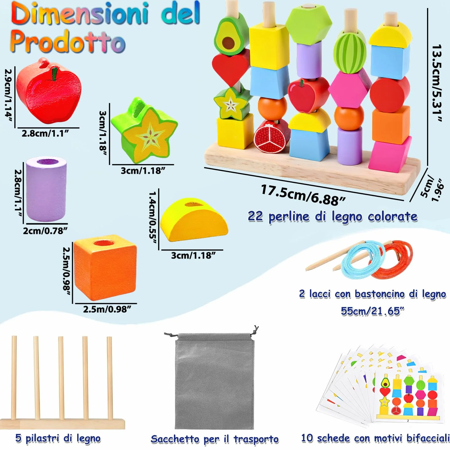 Echehi 2 in 1 Giocattoli Montessori da Infilare per Bambini, Perline da Infilare, Forme da Abbinare, Sviluppo delle Capacità Motorie Fini, Blocchi in Legno da Impilare