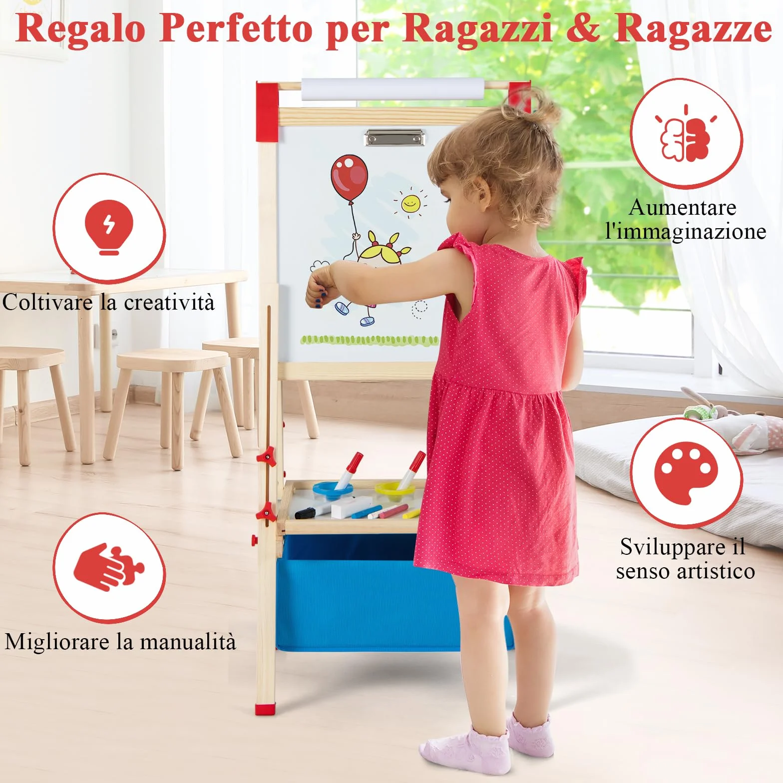 RELAX4LIFE Cavalletto per Bambini Regolabile in Altezza Legno Doppia Faccia Lavagna Magnetica Bianca Rotolo Carta Accessori Pittura