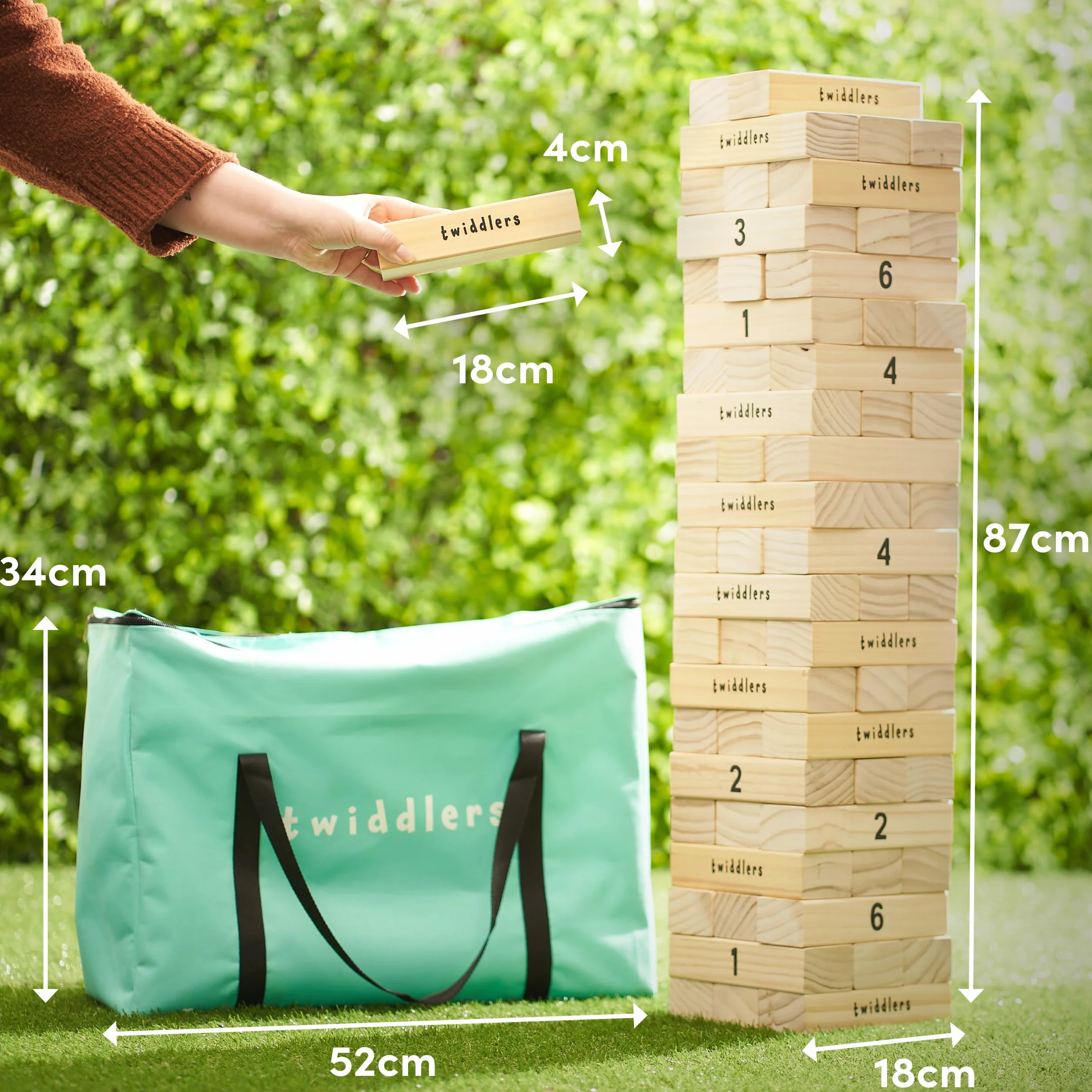 THE TWIDDLERS Torre di Legno Gigante (64 Pezzi, Altezza 1,5m) - Gioco da Giardino XL per Bambini e Adulti con Custodia, per Feste, Compleanni ed Eventi, Gioco di Società per Esterno