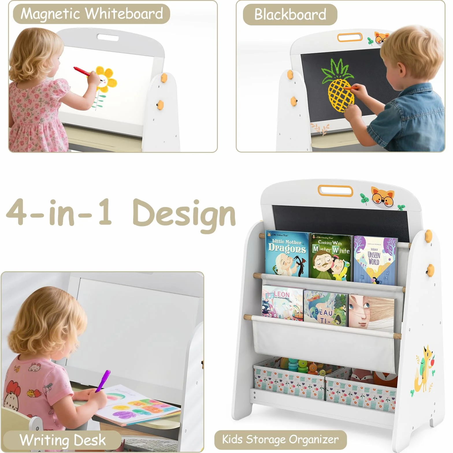 HOMASIS 4 in 1 Set di Tavolo Artistico per Bambini con Sedia, Scrivania, Lavagna Magnetica, Lavagna Nera e Scaffale, Cavalletto Regolabile in Angolo con Gomma e 5 Gessetti (Naturale)