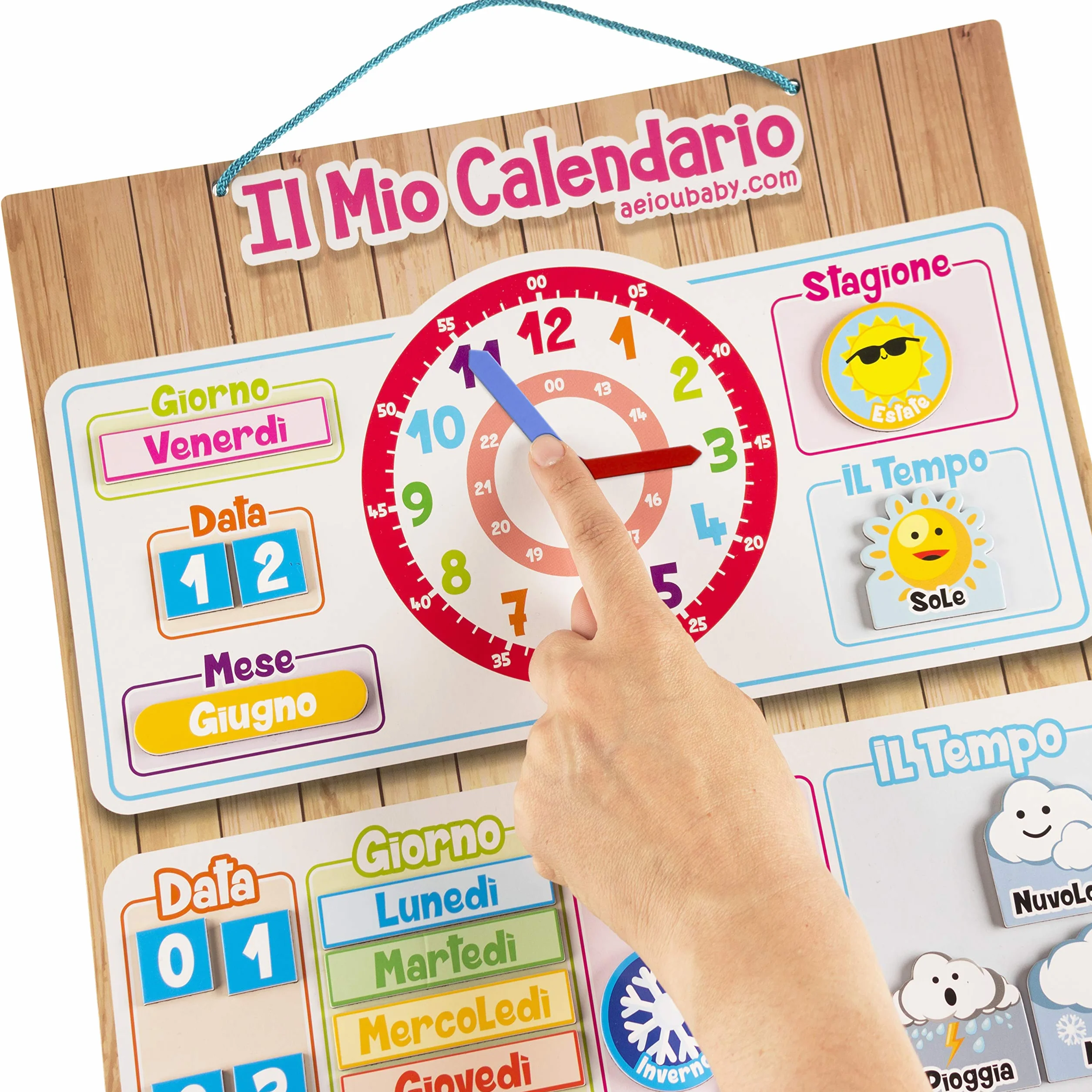 CALENDARIO OROLOGIO magnetico per bambini, Gioco educativo Data Tempo e Ora per Parete o Frigorifero, 43x32cm. Scatola ideale come regalo di compleanno per bambini a scuola o asilo nido (Italiano)