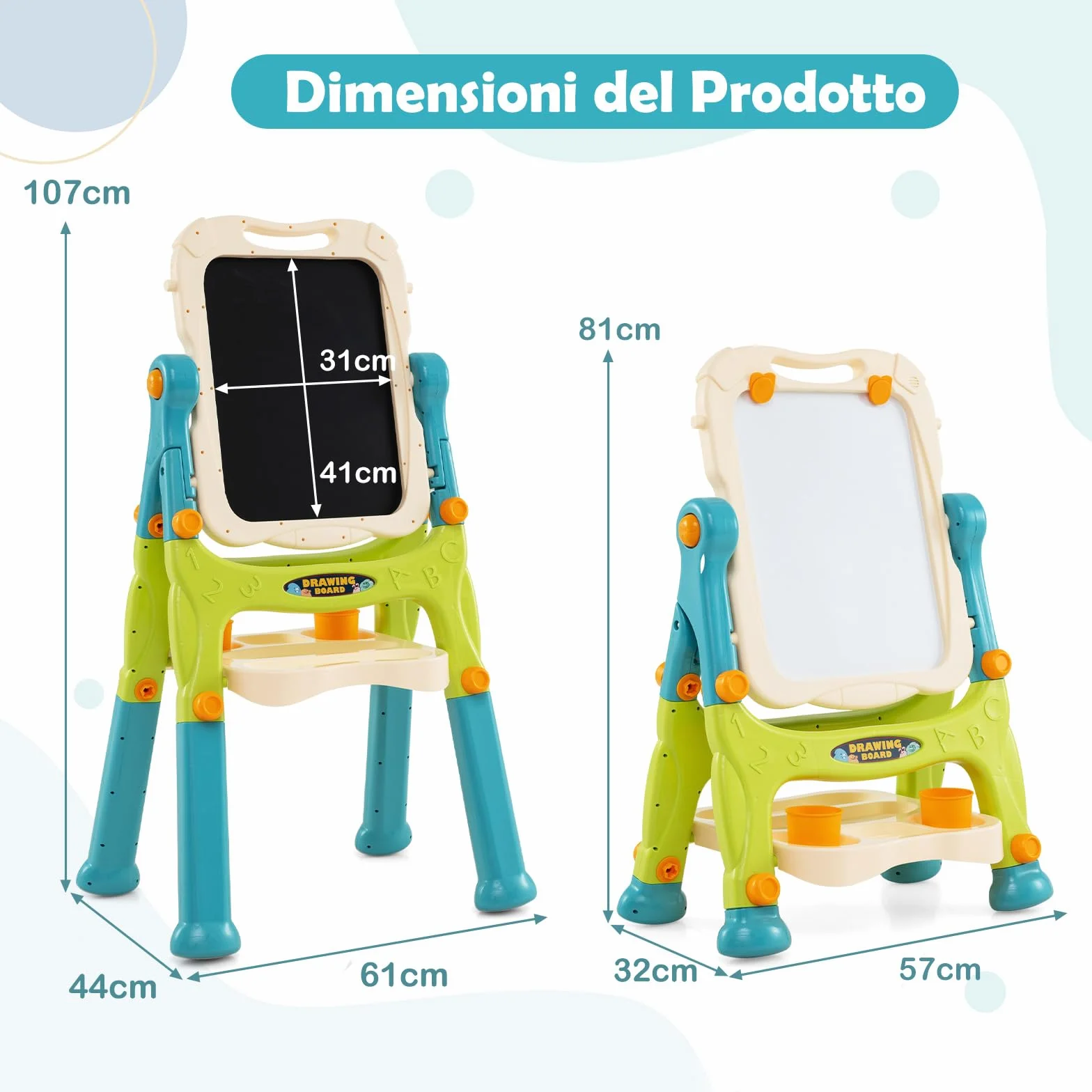 COSTWAY Cavalletto per Bambini Lavagna Magnetica a Doppia Faccia Regolabile in Altezza Tavolo da Disegno Staccabile con Manico Portatile 2 Tazze 3 Anni+