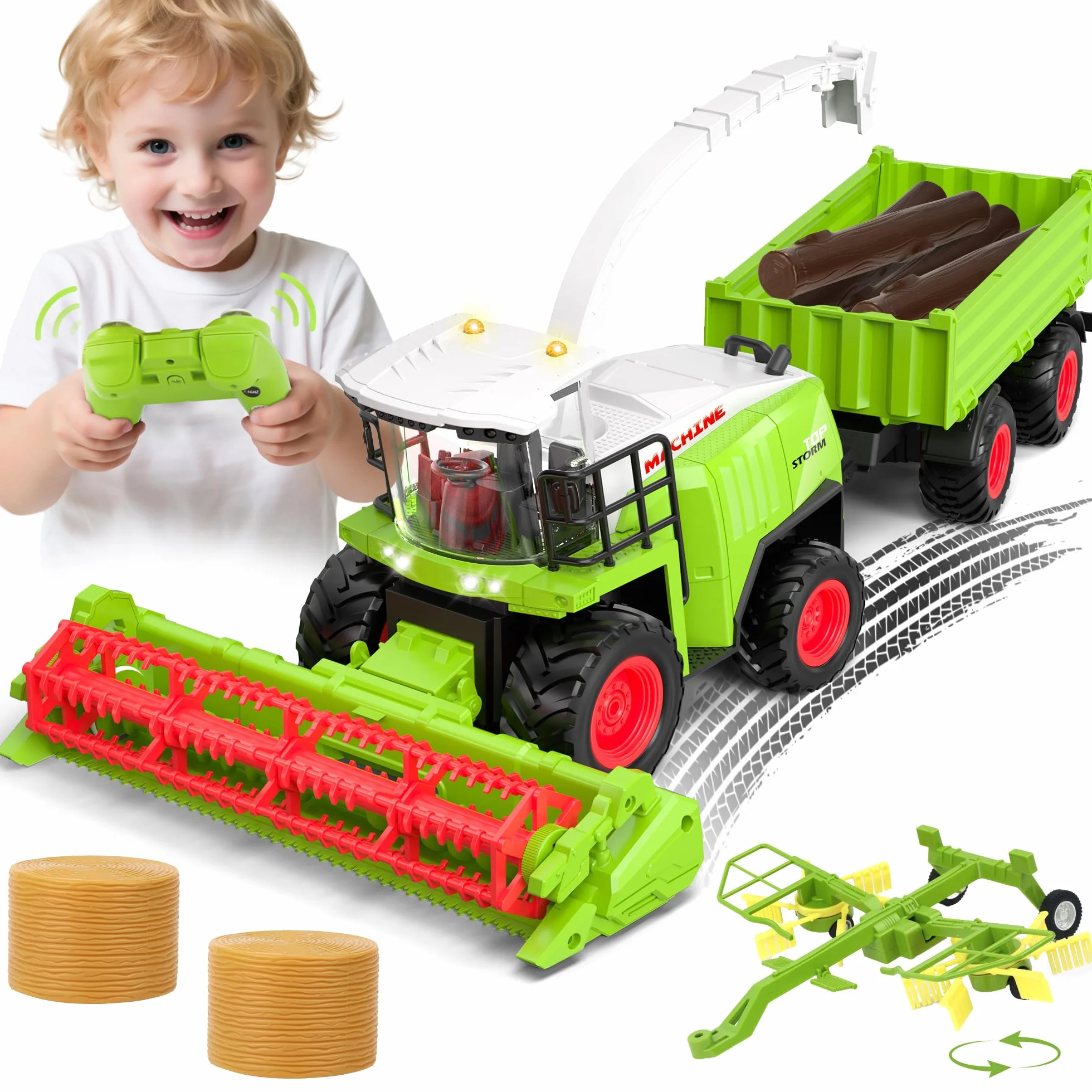 Mietitrebbia Telecomandata con Rimorchio, Trattore Giocattolo RC | Con luci e suoni realistici, gioco della fattoria e regalo di compleanno o Natale per bambini dai 3 anni