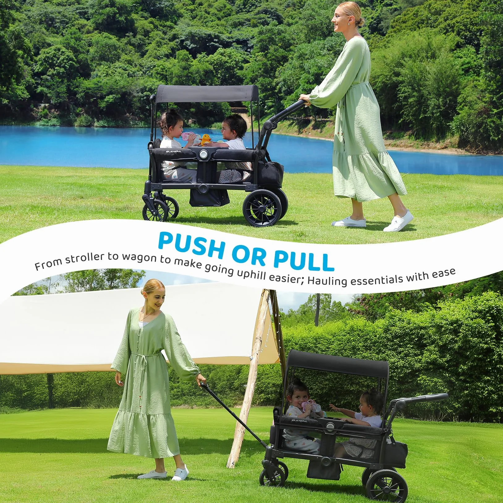 ELEMARA Passeggino per 2 bambino, passeggino pieghevole, carrello multiuso per bambino, carrello con tettoia rimovibile, maniglia regolabile, imbracature, grande borsa