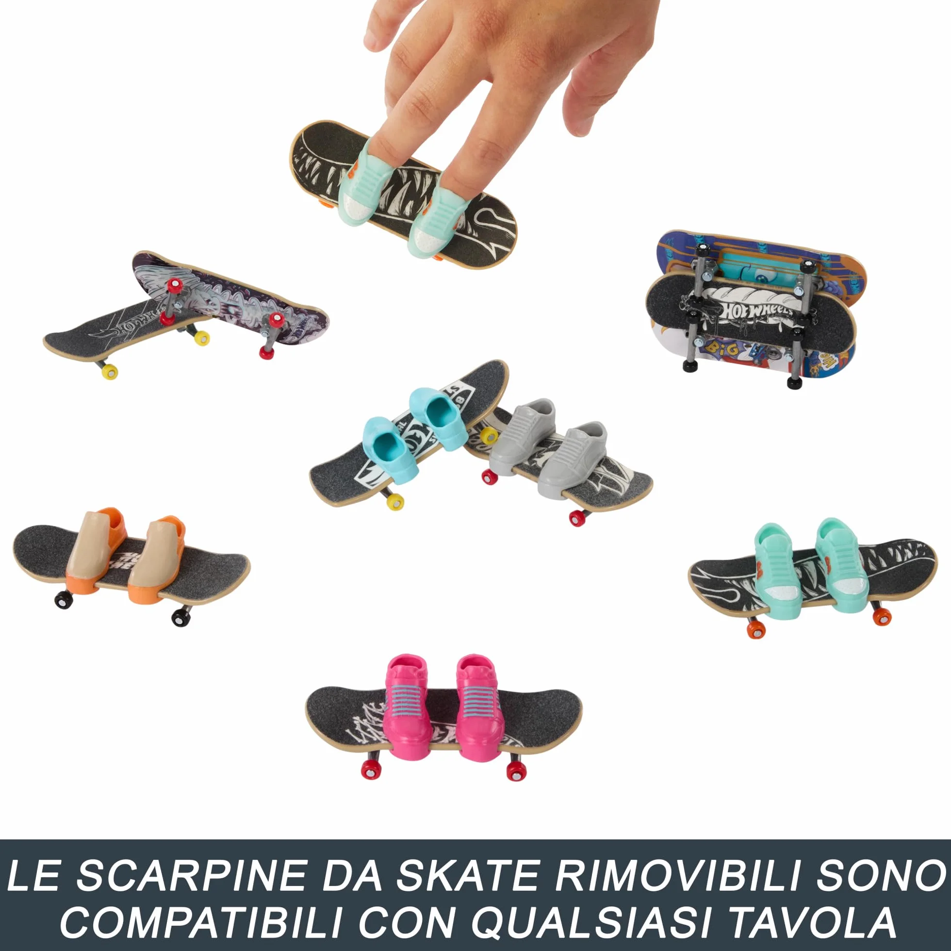 Hot Wheels Skate - Set da 10 fingerboard, include anche 5 paia di scarpine da skate rimovibili, grafiche dettagliate a tema, giocattolo per bambini, 5+ anni, HTP59
