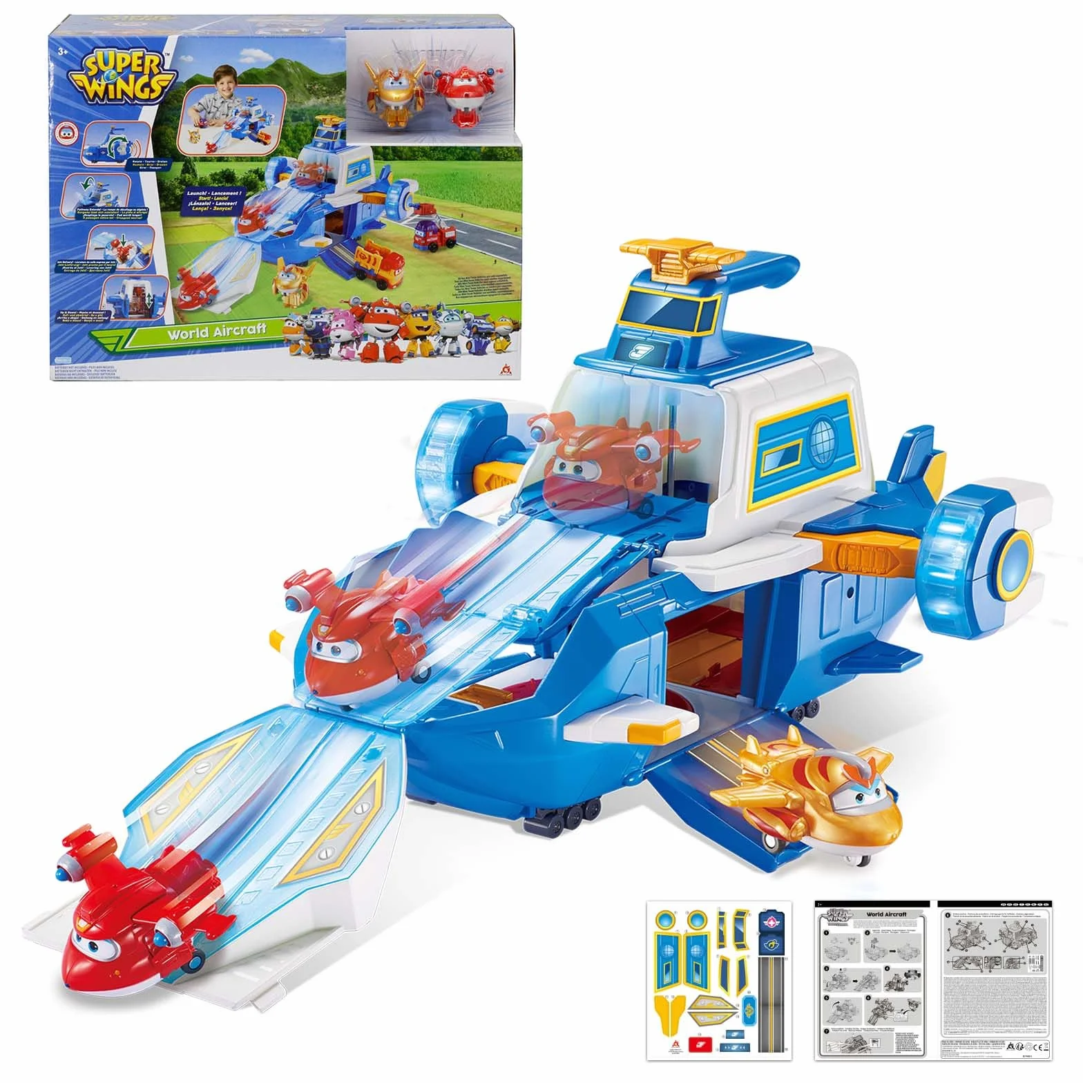 Super Wings World Aircraft Playset si trasforma in una pista scorrevole con luce fredda e effetti sonori, con un 2 '' Jett Transform-a-Bot, giocattolo trasformatore per 3+ anni Ragazza