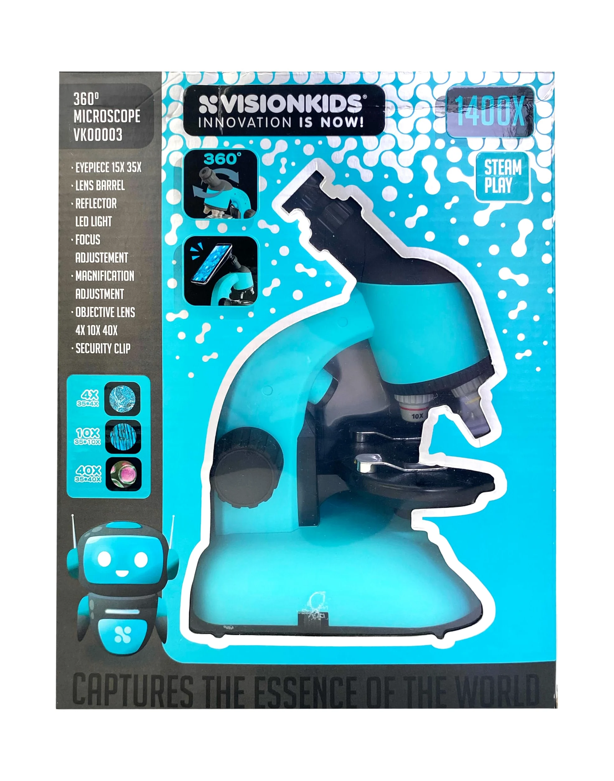 Vision Kids - Microscopio per bambini a 360° con luce LED, giocattolo educativo scientifico per principianti, esplorazione e scoperta