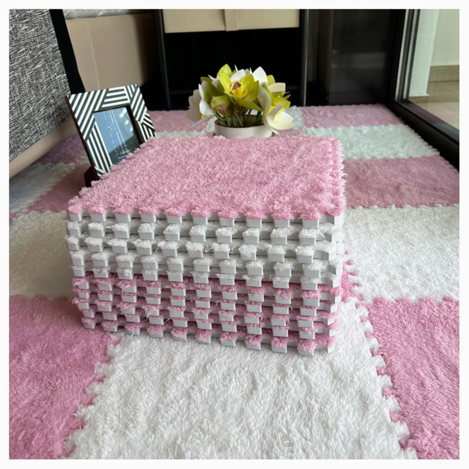 Palymats Tappetino in schiuma ad incastro in peluche da 12 pezzi, pavimento for giochi a puzzle shaggy, piastrelle in moquette fuzzy, tappeti quadrati da 12x12 pollici for la sala giochi della camera