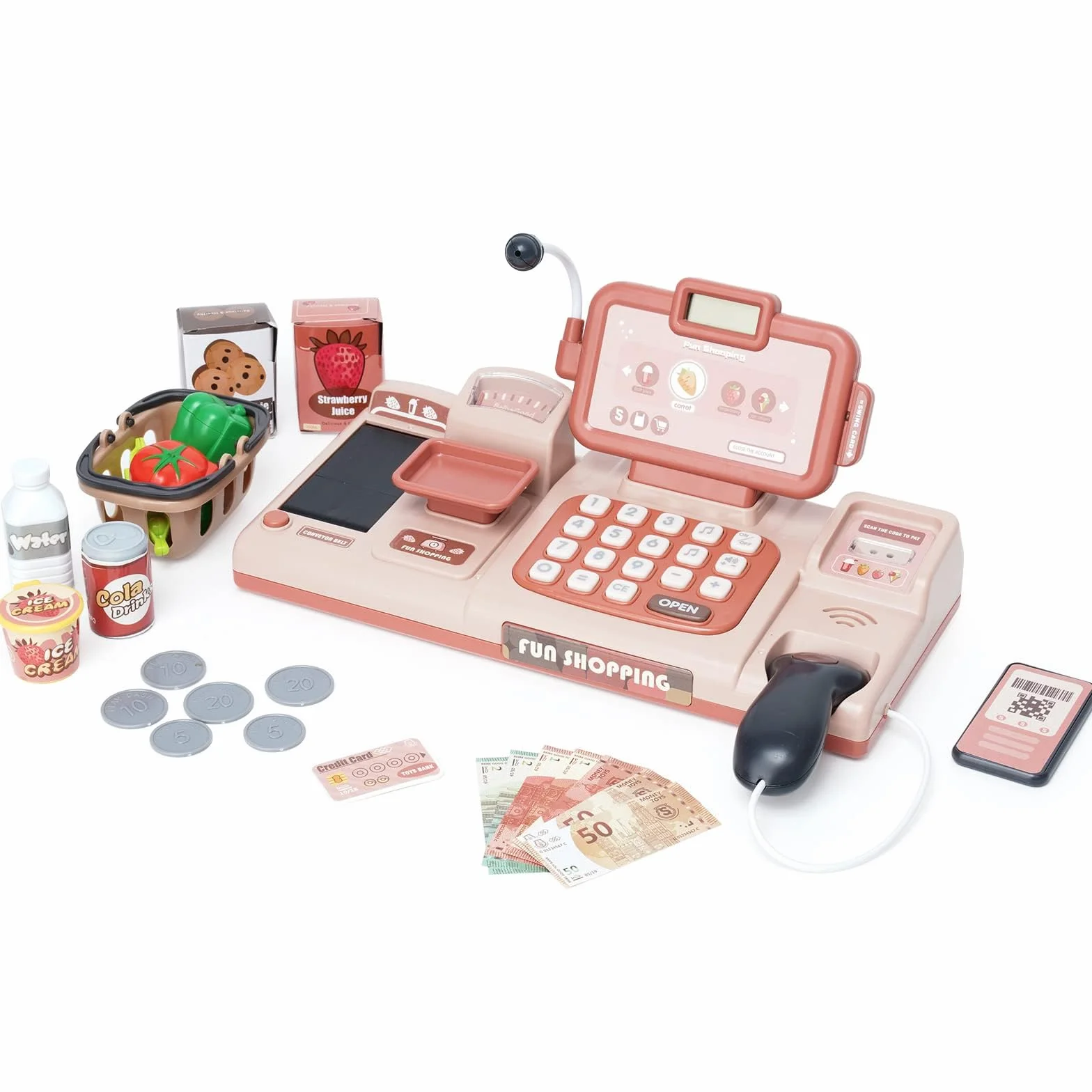 Cassa Giocattolo per Bambini,Scanner con Effetti Sonori,Giocattoli Educativi di Ruolo,con Cibo,Cestino Della Spesa e Negozio,Adatto a Bambini e Bambine dai 3 anni in su
