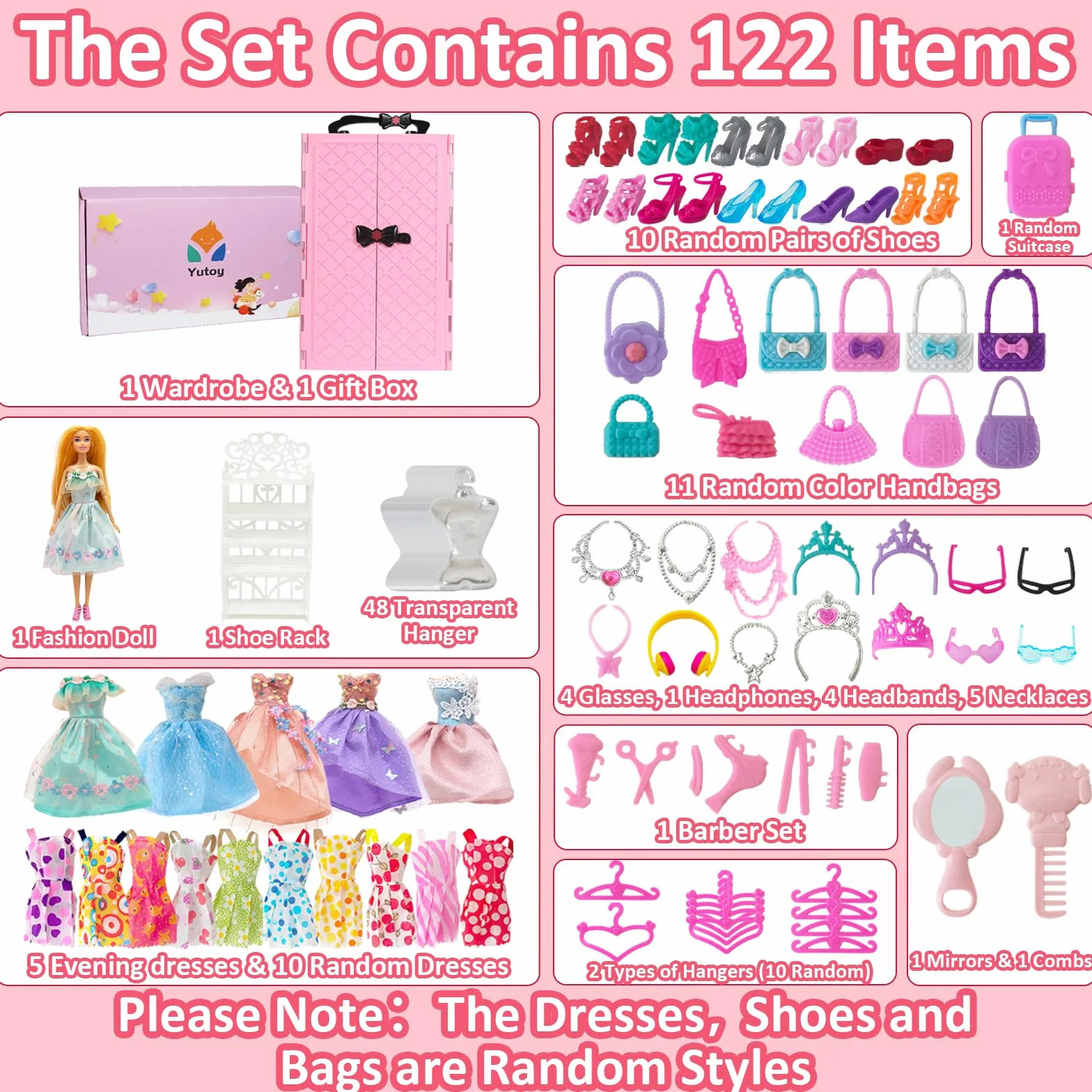 122 Pezzi Armadio Bambole Playset con Bambole 11,5 Pollici, Vestiti e Accessori, Include Abiti Principessa Scarpe Borse, Giocattoli Travestimento Adatti a Bambine, Bambini e Bambini (Rosa)