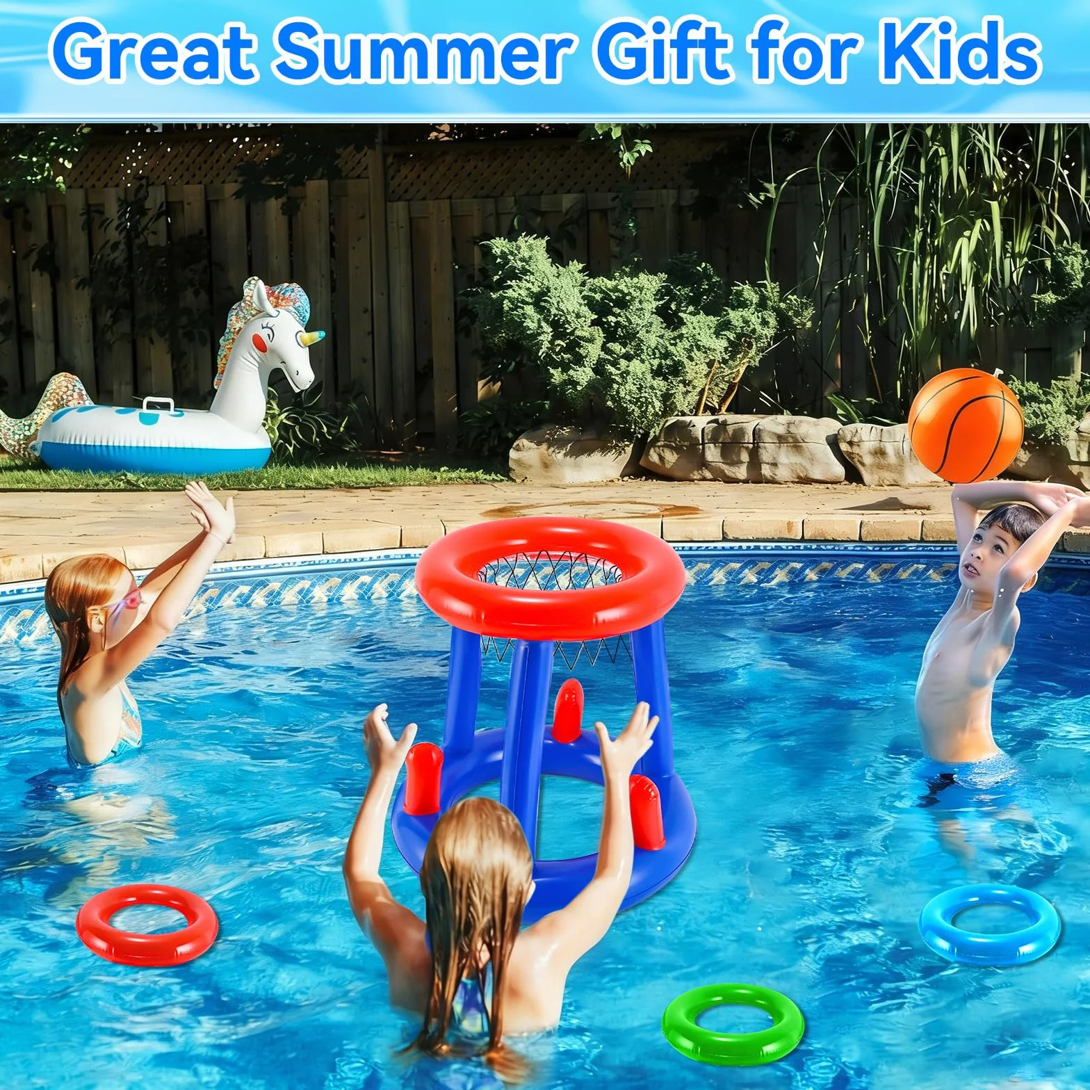 Canestro Gonfiabile per Piscina, 2 in 1 di Canestro da Basket Galleggiante e Gioco di Lancio degli Anelli Gonfiabile, Giocattolo da Gioco Acquatico per Piscina Estiva, Adatto a Bambini e Adulti