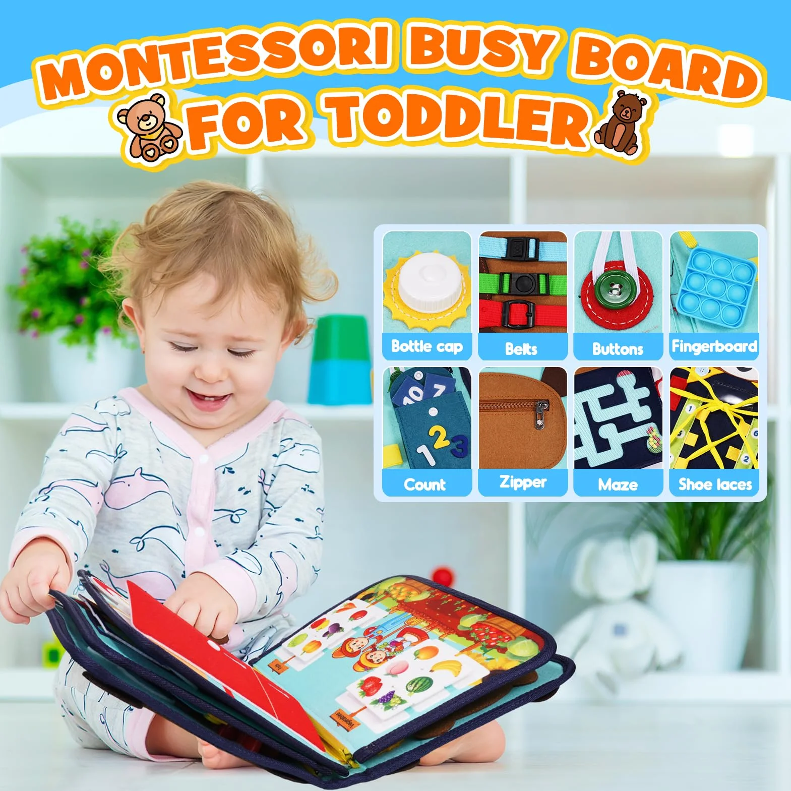 HappyKidsClub Busy Board, Giochi Montessori 1 2 3 4 Anni Regalo Bambino 1-4 Anni Giochi Bambini 1 2 3 4 Anni Pannello Sensoriale Bambini Montessori 1 2 3 Anni Busy Book