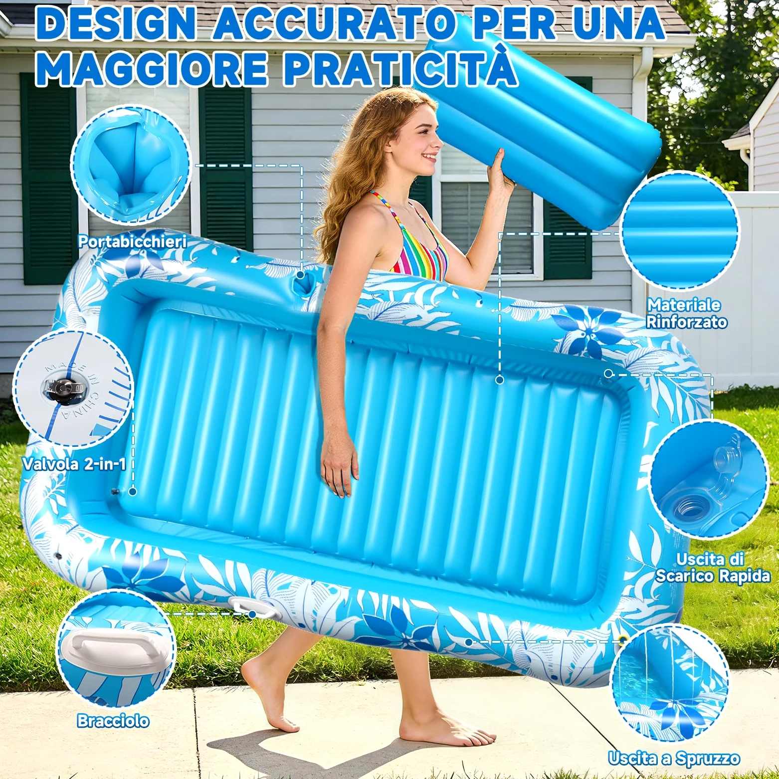 Materassino Gonfiabile Piscina Spruzzo, Piscina Abbronzante Adulti Poggiatesta Portabibite 210 * 130CM Gonfiabile Amaca Galleggiante Tanning Pool per Giardino Prato Spiaggia
