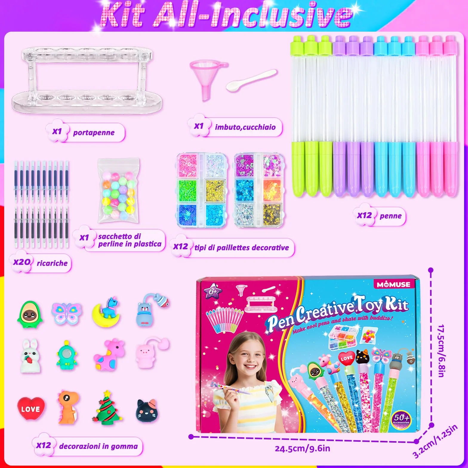 MOMUSE Kit Creativo Penne 50 Accessori, Fabbrica Penne per Bambini 6-10 Anni, Idee Regalo
