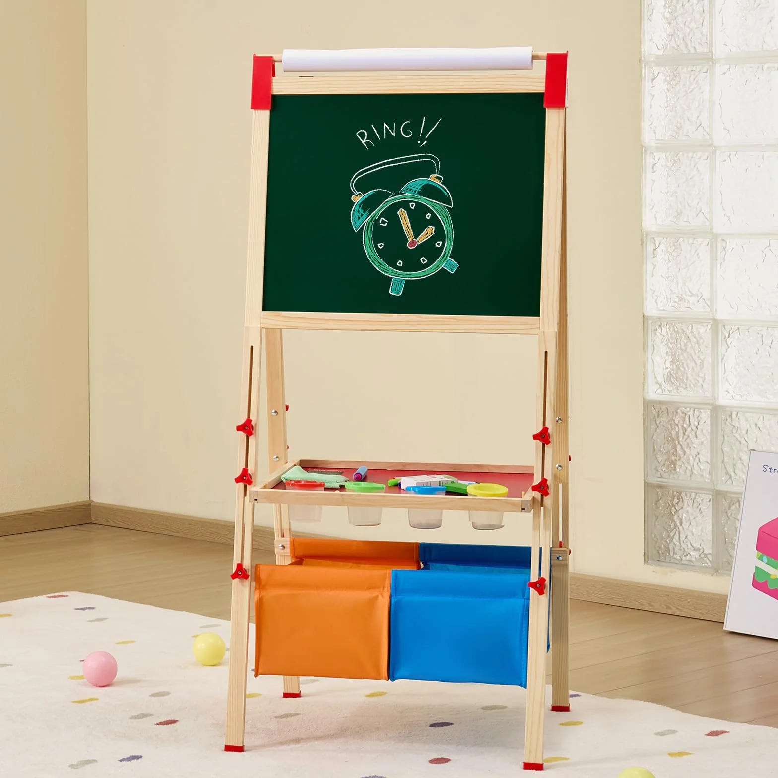 VEVOR Cavalletto da Arte per Bambini 3 in 1, Legno Doppia Faccia con Lavagna Magnetica e Rotolo di Carta, Tavolo da Disegno Regolabile