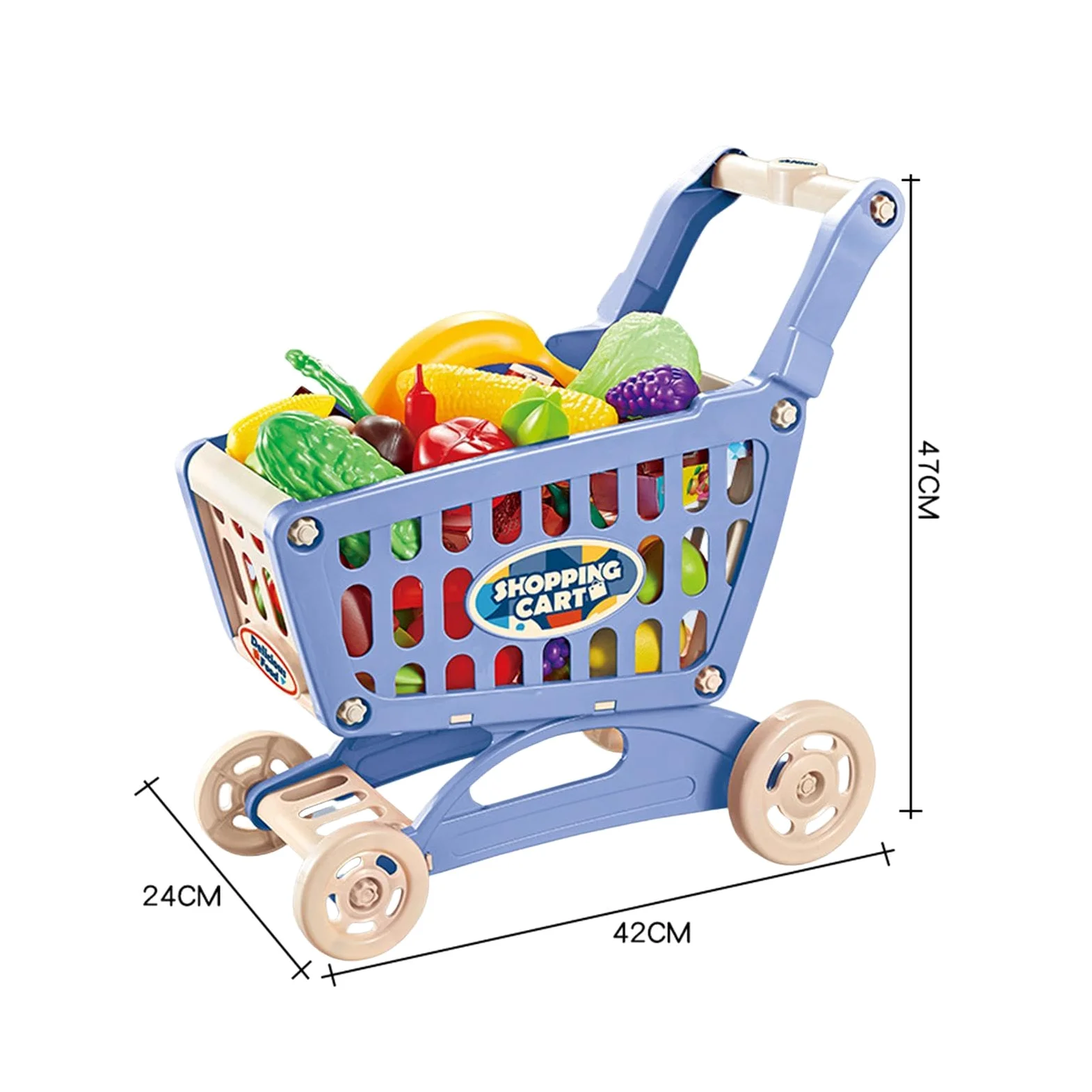 Set di Gioco con Carrello, Carrello della Spesa Giocattolo, Grande capacità con Accessori Alimentari, Mano da Supermercato Giocattolo per a, Blu