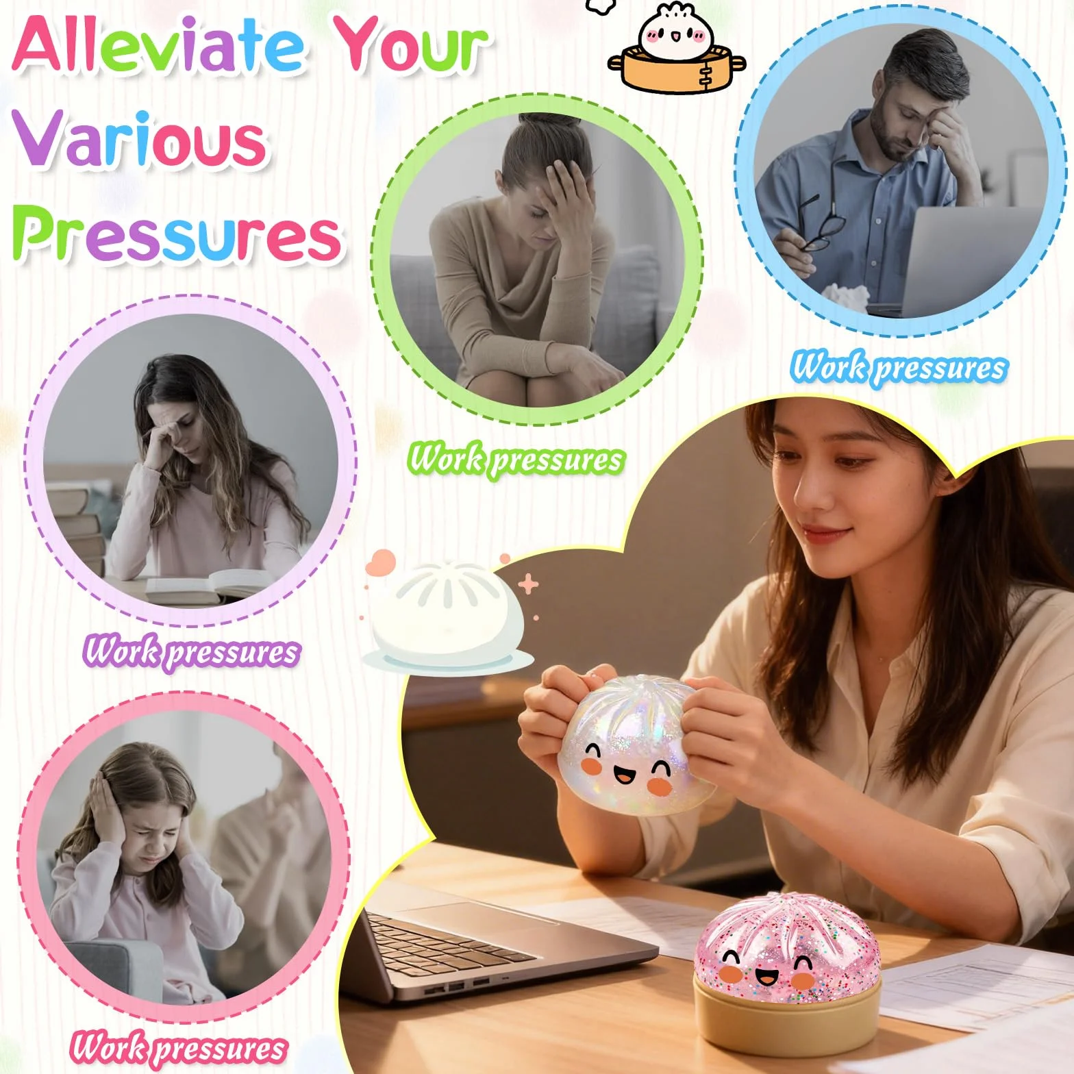Giant Dumpling Squishy Mystery Glitter Ravioli Palla Antistress Bao Bun Con Vaporiera Bambini Adulti Rosa Trasparente