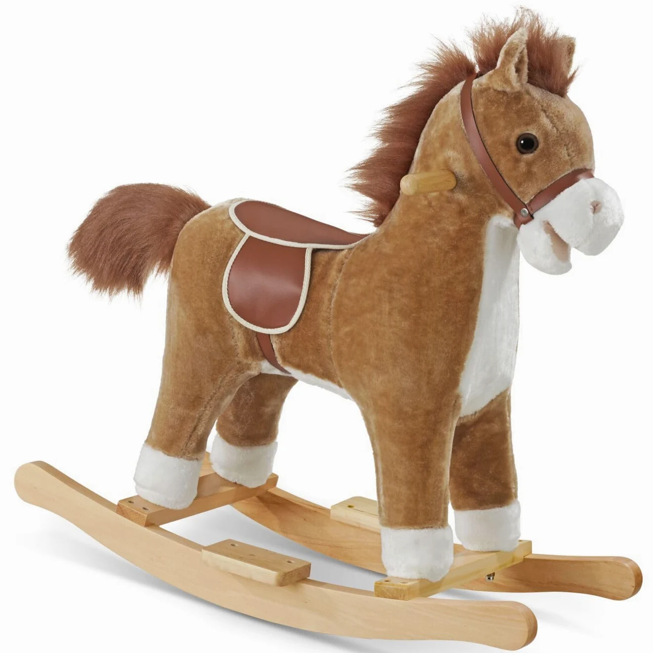 tectake® Cavallo a Dondolo per Bambini dai 24 Mesi, Cavalluccio Marrone Dondolo Neonati in Peluche Morbido, Struttura in Acciaio, Cintura di Sicurezza, con Suoni, Maniglie Poggiapiedi in Legno