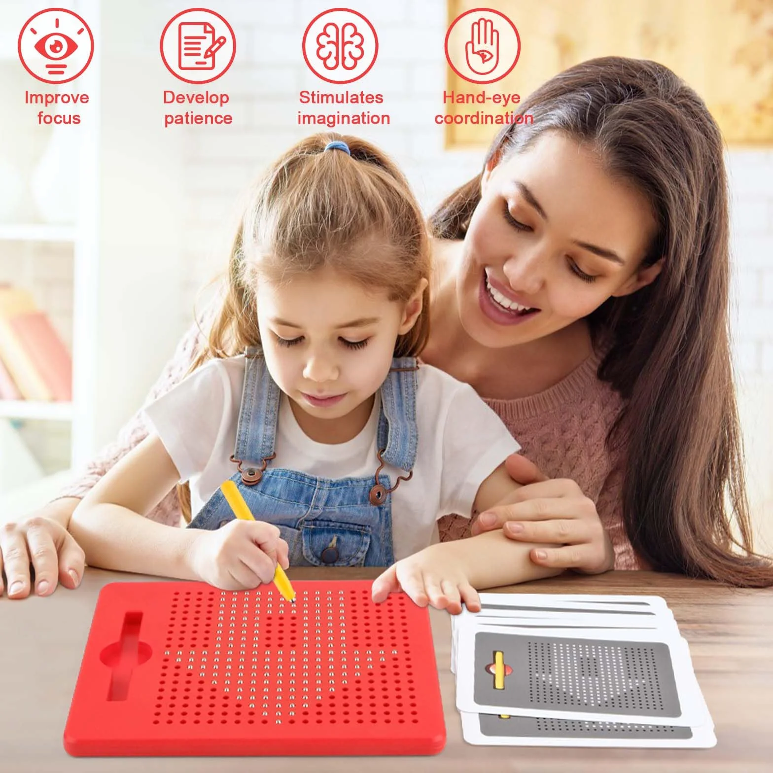 yue Magico Gioco Magnetico, Tavolo da Disegno Magnetico con 2 Pezzi Penna Magnetica, da Portare con sé, Bambini Giocattolo Educativo per dai 3 Anni in su, 21.5x17.5 cm, Rosso