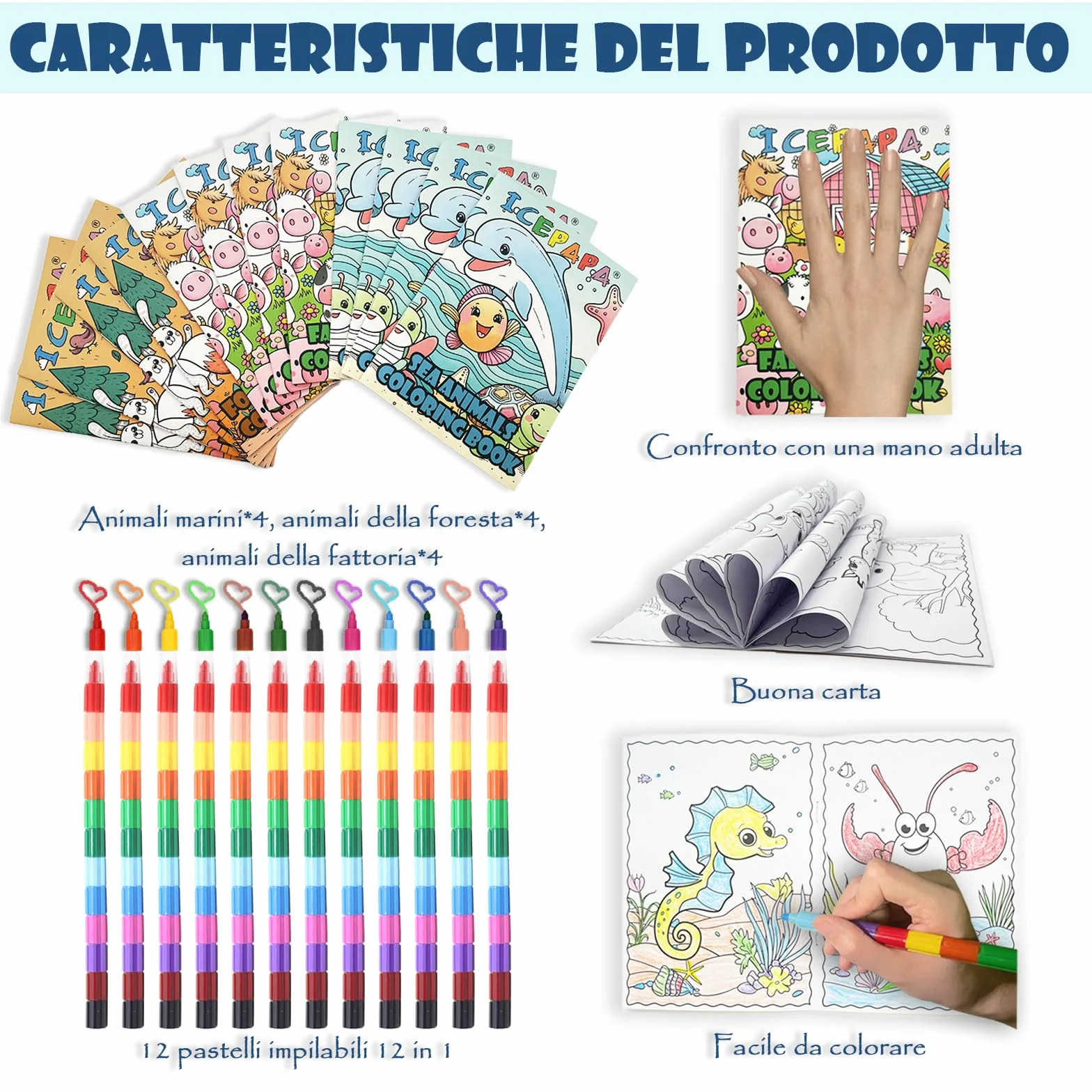 ICEPAPA, 12 Libri da Colorare e 12 Pastelli a Cera Impilabili (12 Colori in 1), Perfetti per Gadget Compleanno Bambini, Regalini e Fine Festa