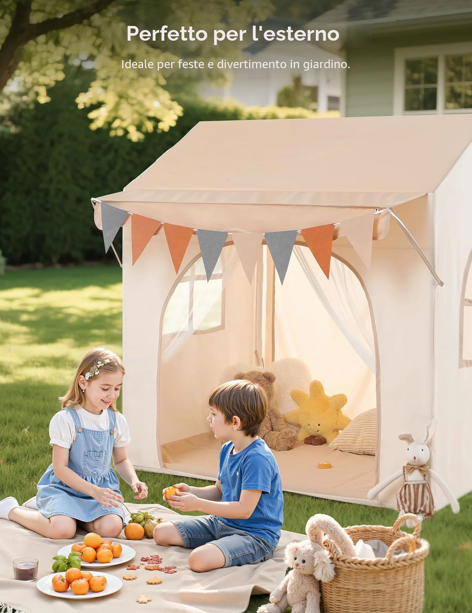 Besrey Tenda per Bambini 2-in-1, Tenda da Gioco con Tettoia per Interni ed Esterni, con Luci, Bandierine e Tappetino, Design Ampio per Lettura e Giochi Creativi - Regalo di Natale Ideale per Bambini