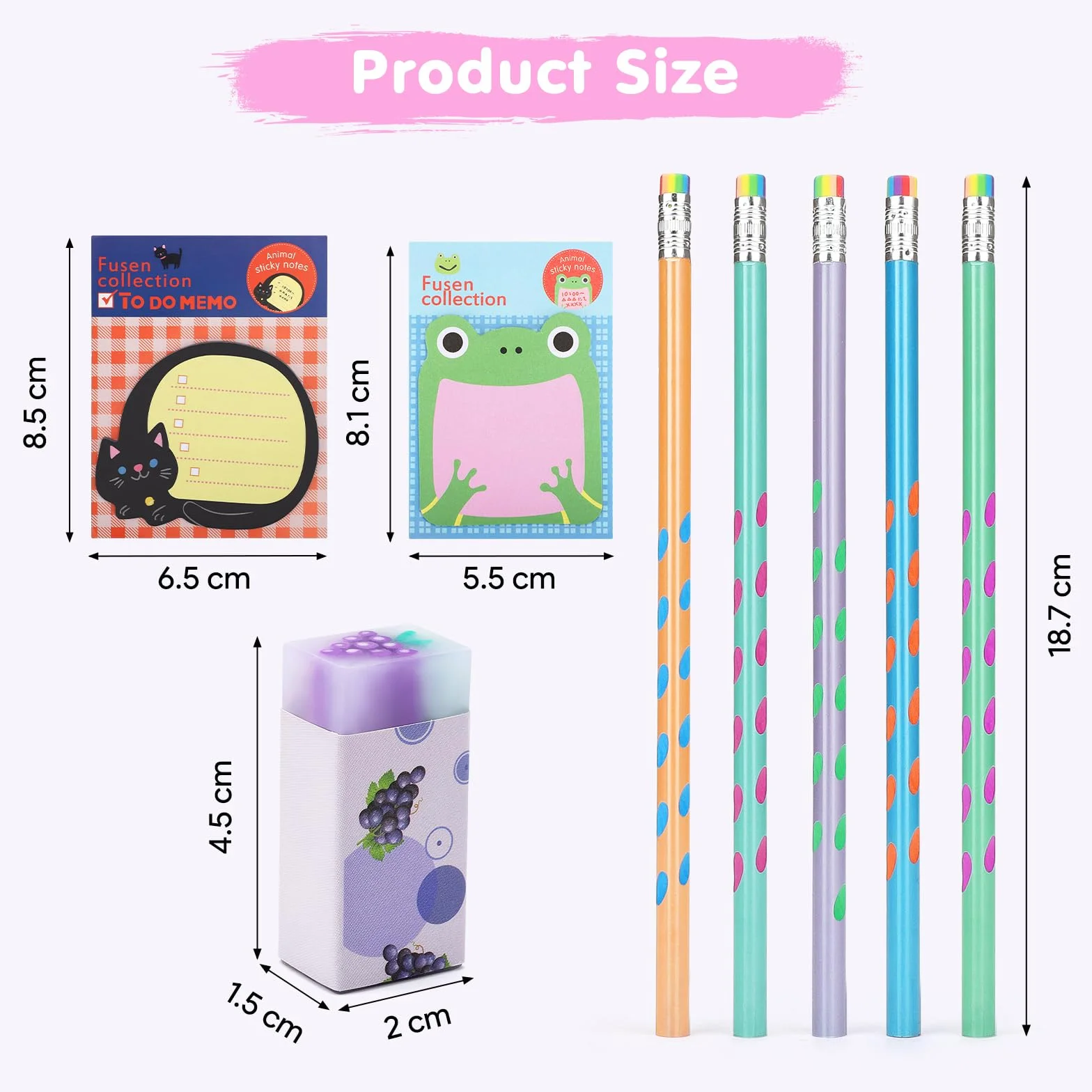 SKAMORI 60 Pezzi Matite con Gomma Gadget Compleanno Bambini, 20 Matite Bambini, 20 Gomme da Cancellare Divertenti e 20 Foglietti Adesivi, Regalini Fine Festa Compleanno Invitati