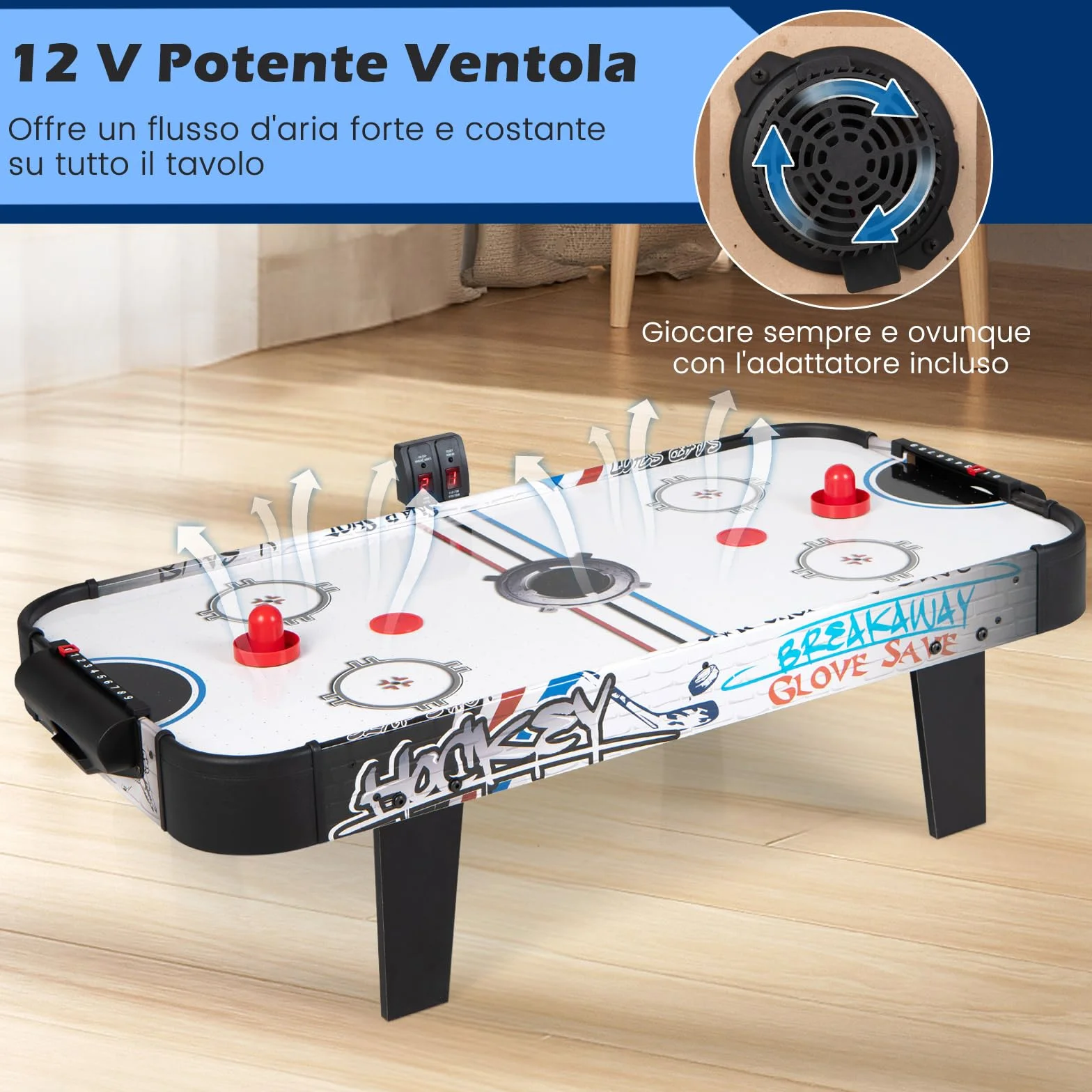 COSTWAY Tavolo Air Hockey, Set Tavolo da Air Hockey con Segnapunti LED Elettronico, 2 Dischi, 2 Palette, 2 Porte, Gioco Divertente per Bambini e Adulti, 110 x 59 x 31 cm