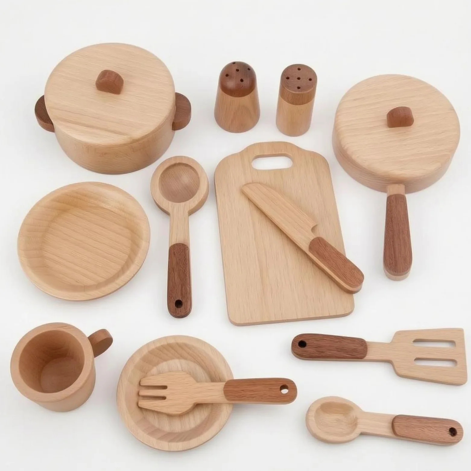 Gralara 15 Pieces Accessori Cucina Giocattolo Bordi Arrotondati Set Picnic in Legno Venatura Chiara