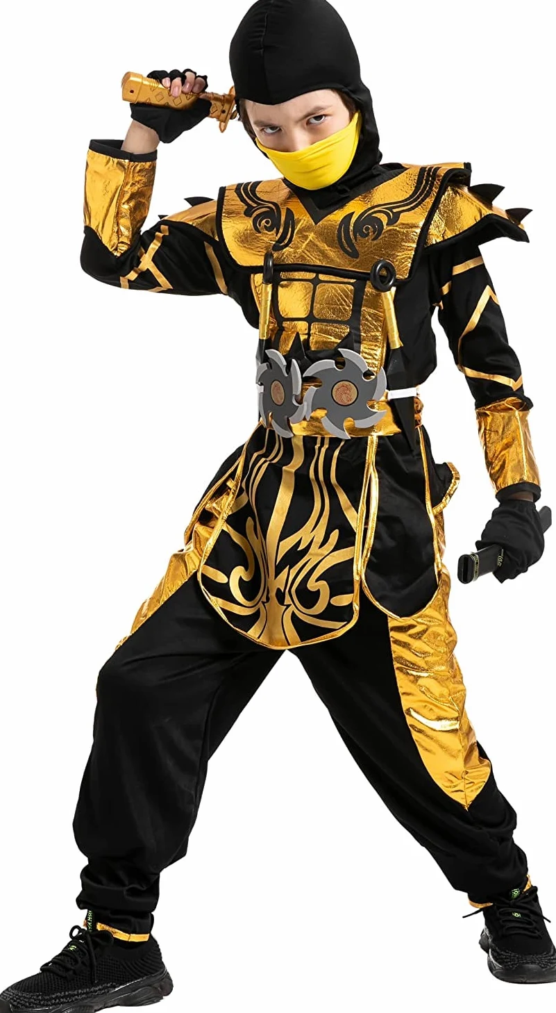 Spooktacular Creations Costume da ninja d'oro per feste a tema ninja per bambini Costume di Halloween da ninja gioco di ruolo Festa di Natale