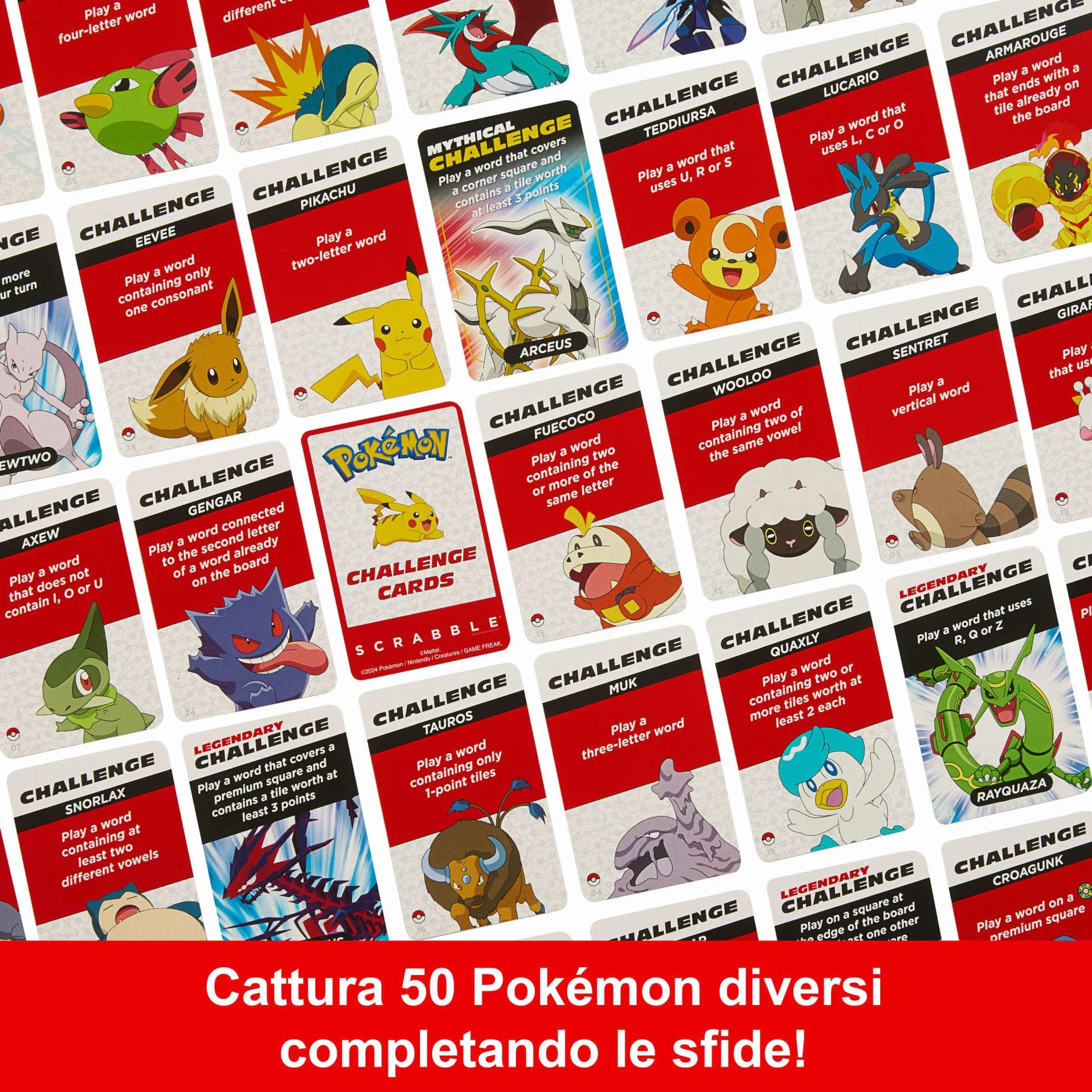 Mattel Games - Scrabble Pokémon, il gioco da tavolo delle parole crociate con 50 sfide dei personaggi Pokémon, tabellone a due facce con due modalità di gioco, versione italiana, 8+ anni, HXT30
