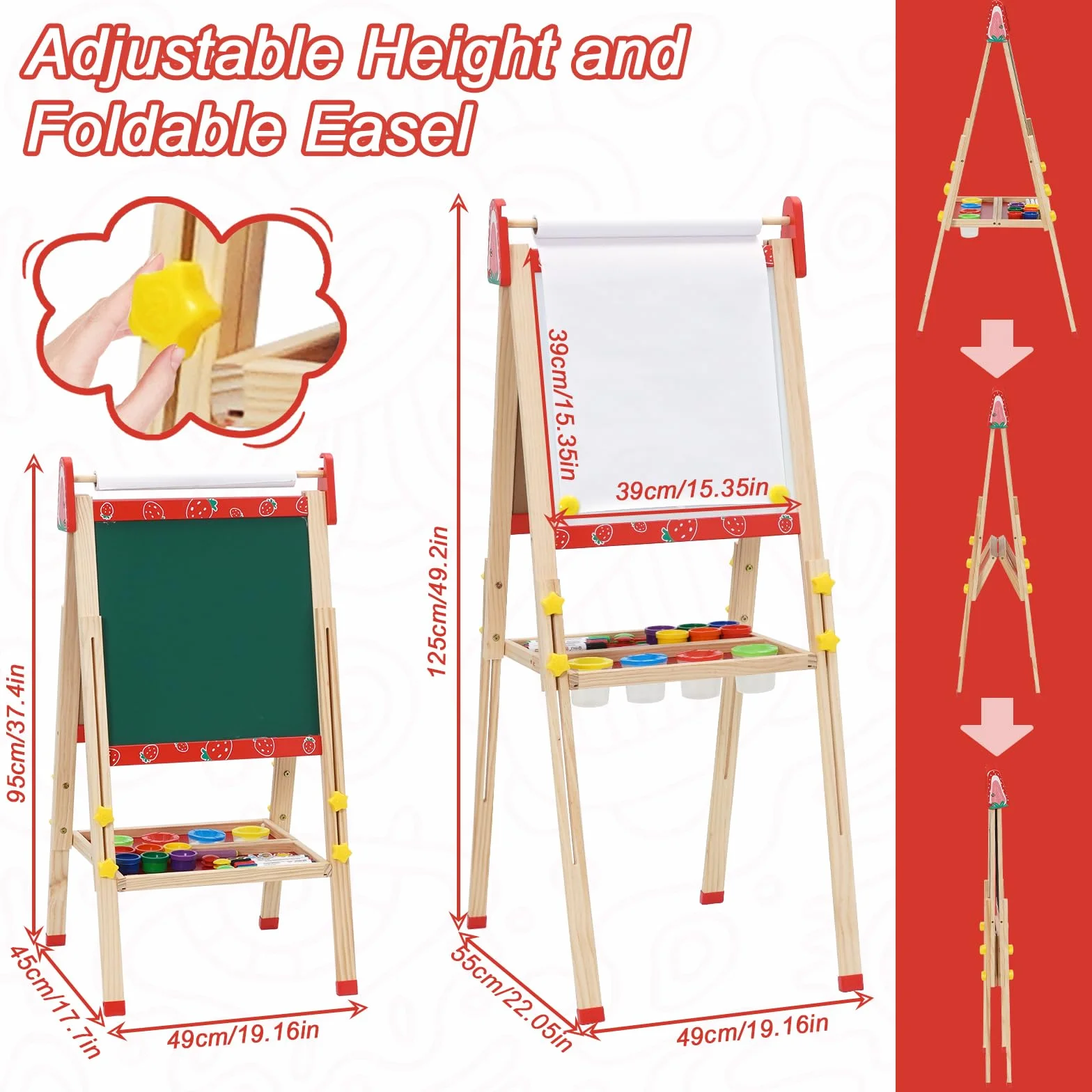 Lavagna per Bambini Cavalletto 3 in 1 Doppia Faccia con Rotolo di Carta Altezza Regolabile 95-125cm Pieghevole Multiattività Vassoio di Stoccaggio 100+ Accessori da Disegno