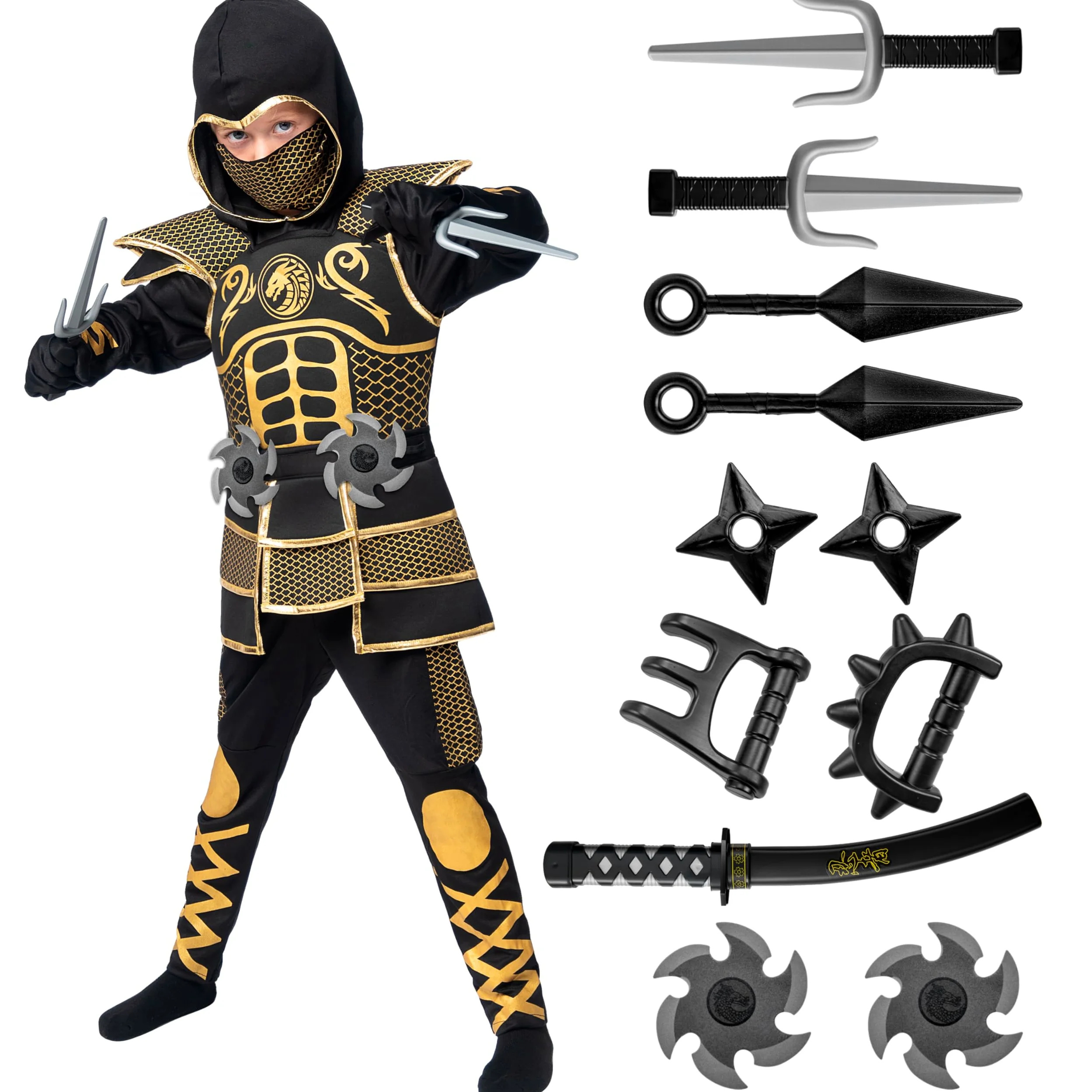Spooktacular Creations Costume Ninja d'oro per ragazzi, set di costumi Ninja per bambini con armatura d'oro e modelli per Halloween Costume Ninja Dress Up Party