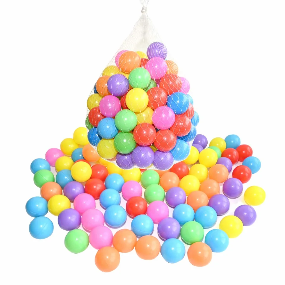 RAM® - Palline da Gioco in plastica Morbida Multicolore con Borsa da Trasporto in PVC Trasparente, per Interni ed Esterni, Piscina con Trampolino, Giocattolo (100)