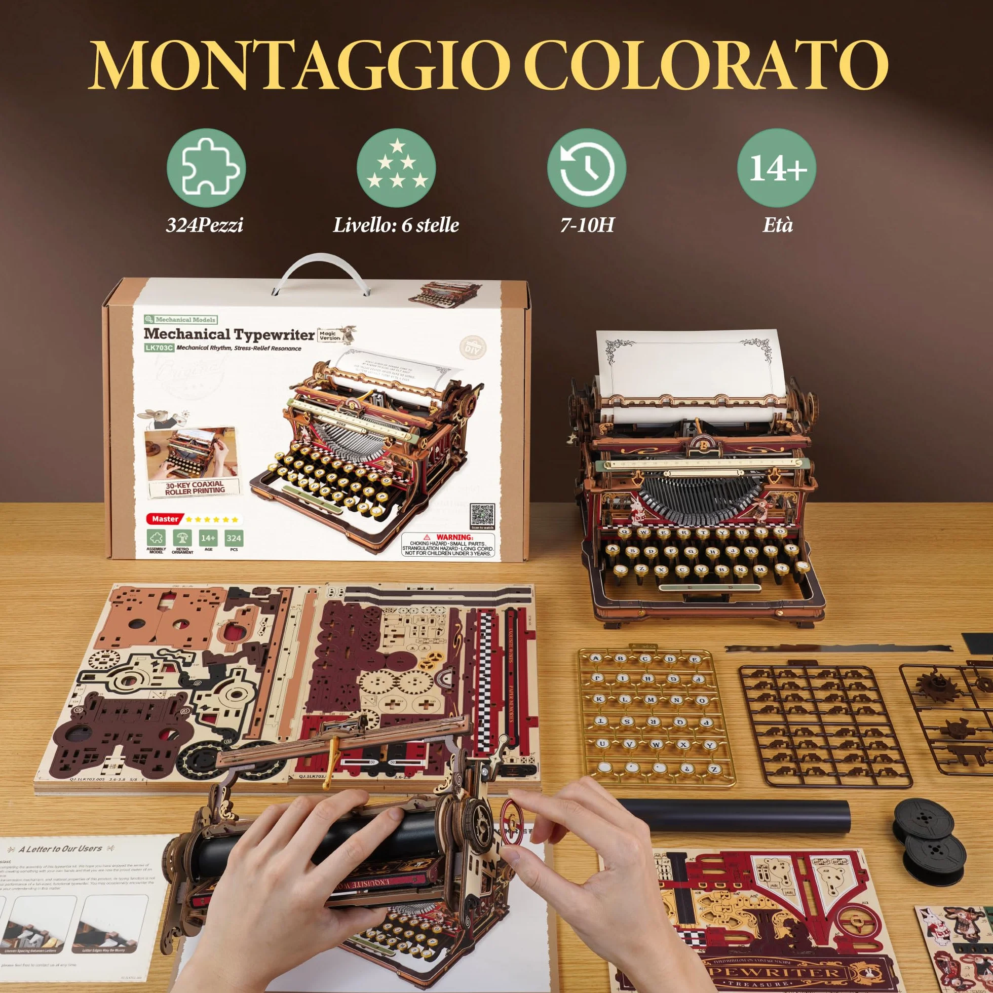 ROBOTIME Puzzle 3D in Legno Macchina da Scrivere - Edizione Fairytale Kit Modellismo Adulti da Costruire, Gioco Meccanico, Decorazione da Scrivania & Regalo, LK703C (Arancione)