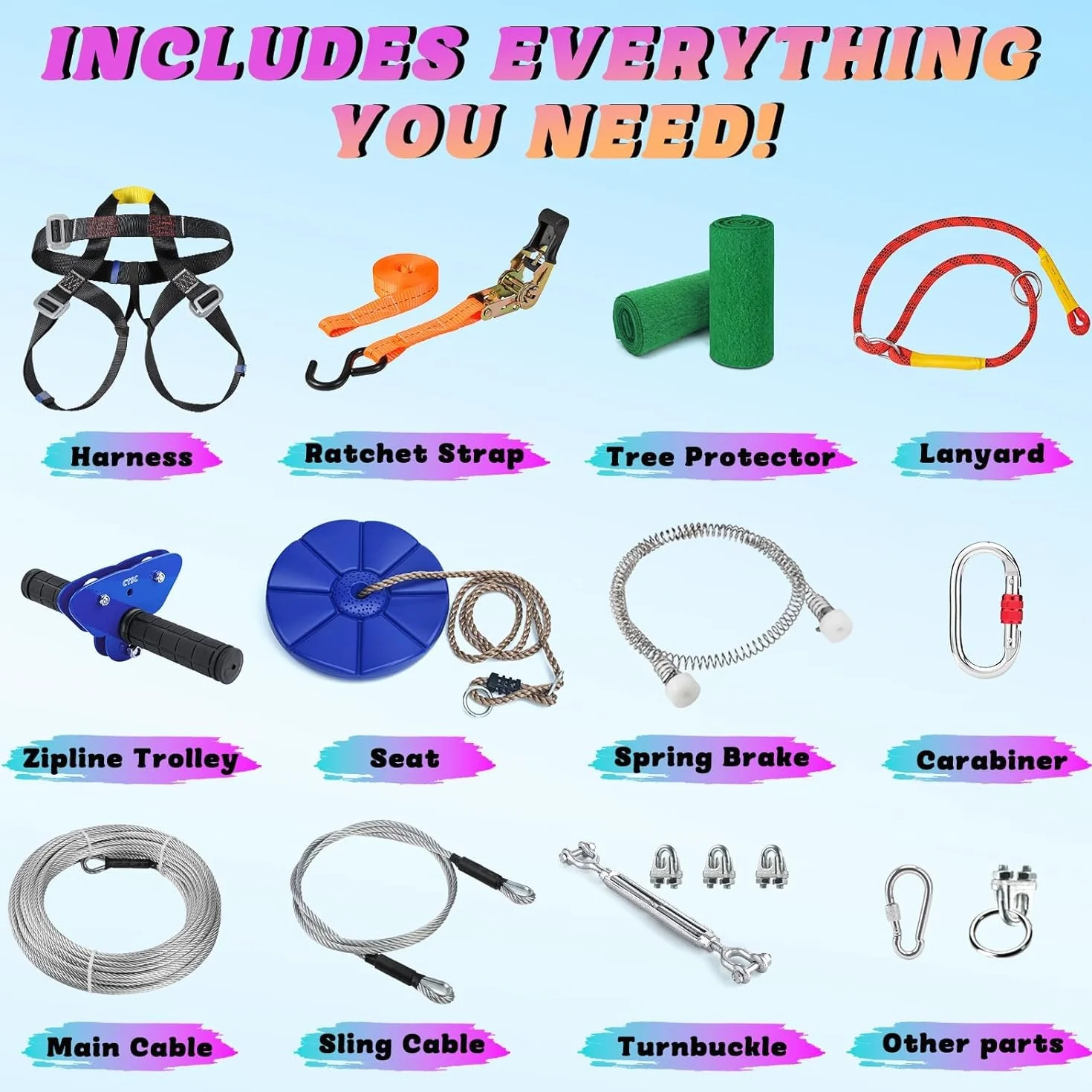 CTSC Kit zip line per giardino, 25 m, kit zip line per bambini e adulti, con freno a molla in acciaio inossidabile, kit di tensionamento, imbracatura di sicurezza, protezioni per alberi (25 m blu)