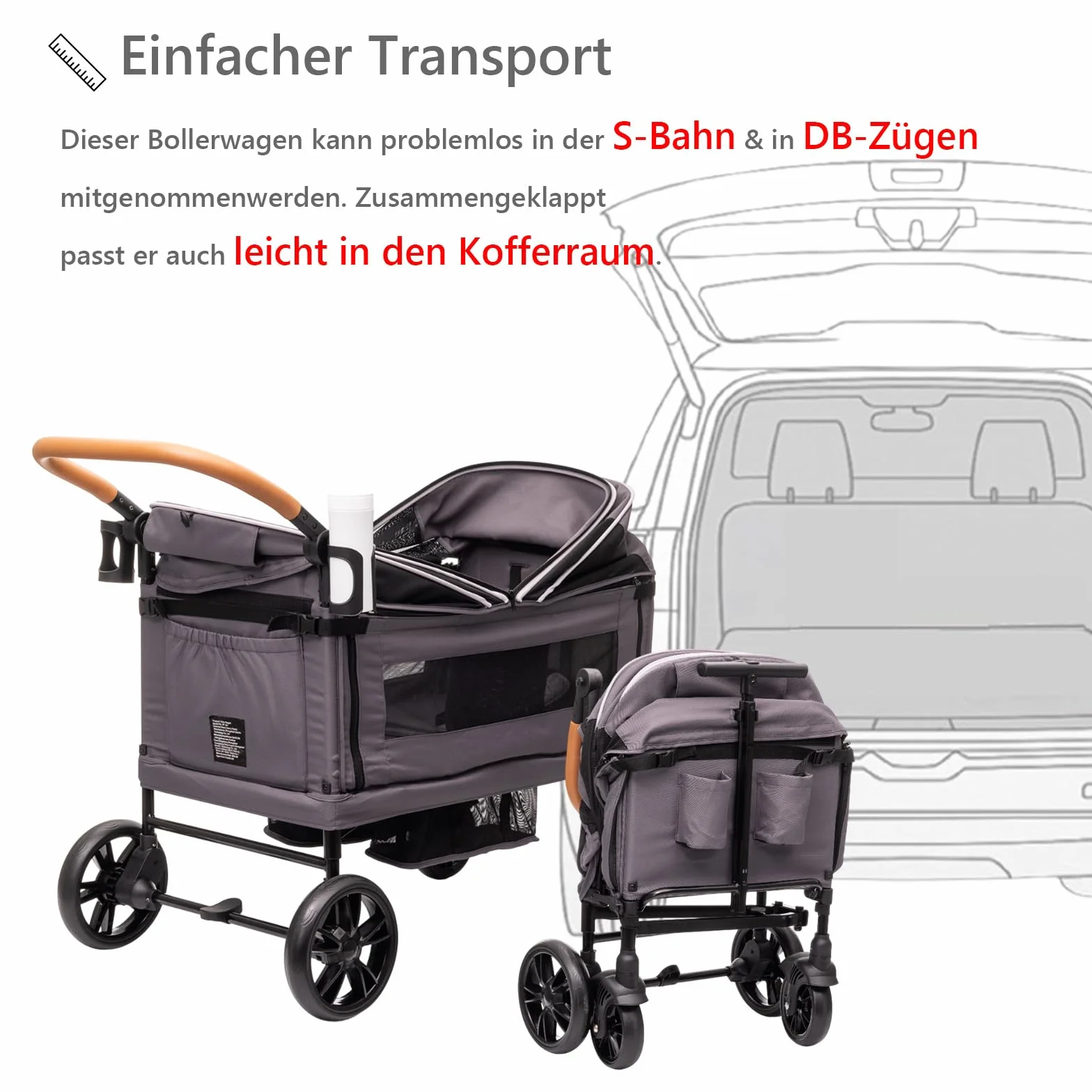 vickey Carrello pieghevole con tetto per 2 bambini, carrello cargo, pieghevole, con manico scorrevole, Duo, resistente agli urti, ruote in poliuretano con freni, portabevande, 100 l, colore: grigio