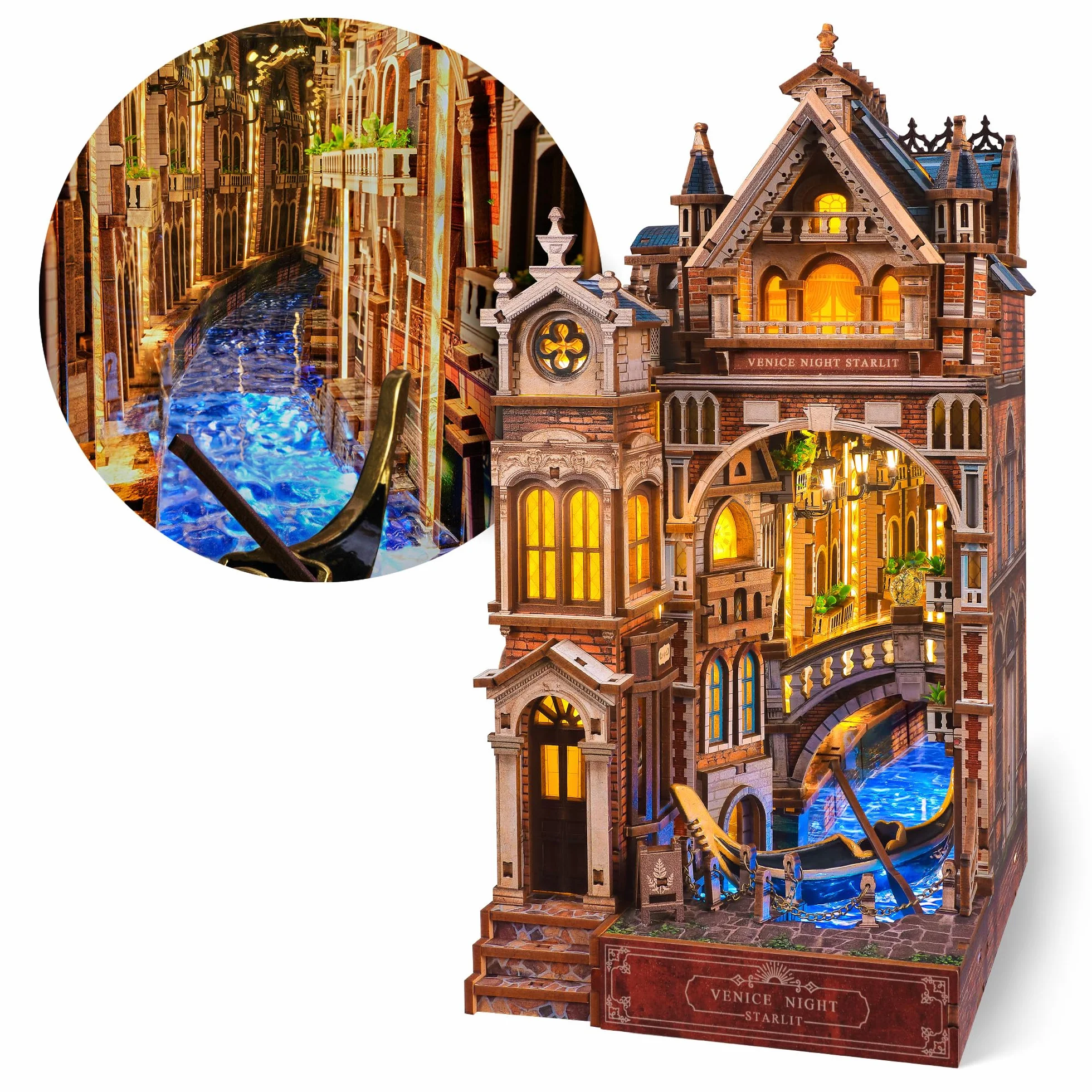 FUNPOLA Venice Night Starlit Book Nook Kit – Puzzle 3D in legno con specchio infinito LED – Decorazione fai-da-te per libreria, miniatura creativa per bambini e adulti (Notte di Venezia stellata)