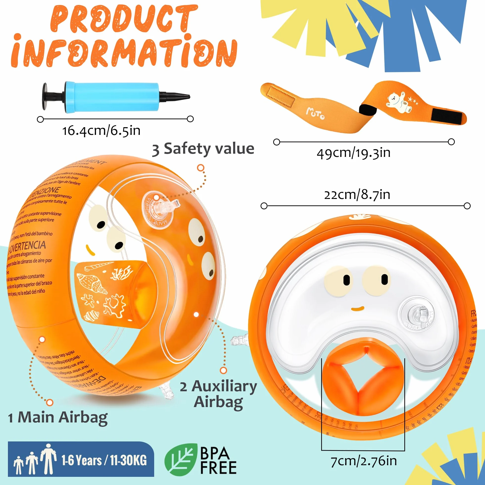Braccioli Bambini con Fascia Protettiva per Orecchie, Braccioli di Sicurezza per Bambini 1-6 Anni, 3 Camere D'aria Indipendenti, Design Trasparente, Braccioli Gonfiabile per Piscina, Spiaggia