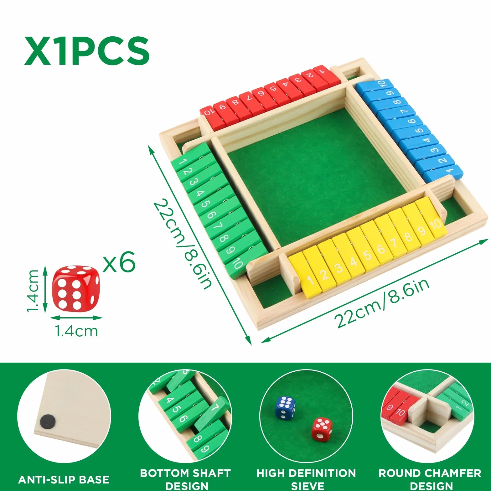 ACTOYS Shut the Box, Giochi da Tavolo, Dadi da Gioco con 2 Dadi, Gioco per 4 Giocatori, Classico Gioco da Tavolo, giochi da tavolo, Gioco di Matematica per bambini e adulti (B)
