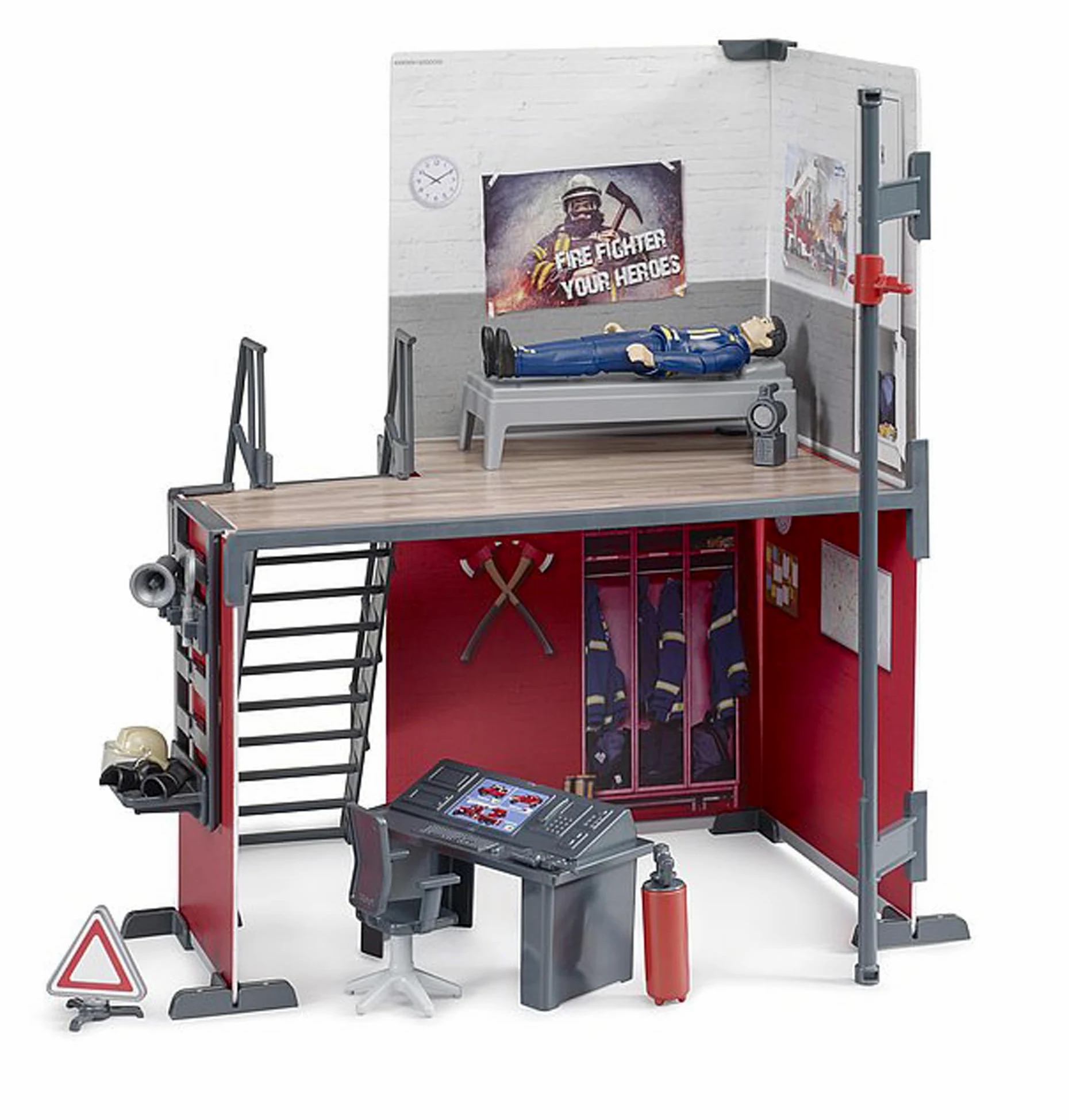 bruder 62702 - Stazione dei pompieri Bworld con pompiere, giocattolo da 4 anni, stazione dei pompieri, accessori per pompieri