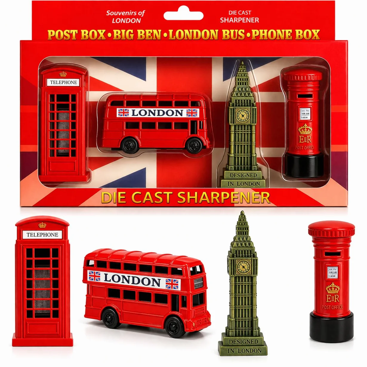 London Souvenir - Set di temperamatite (confezione da 4), Big Ben, autobus, cabina telefonica e cassetta postale, regalo per bambini, materiale scolastico, set regalo di temperamatite pressofuso da