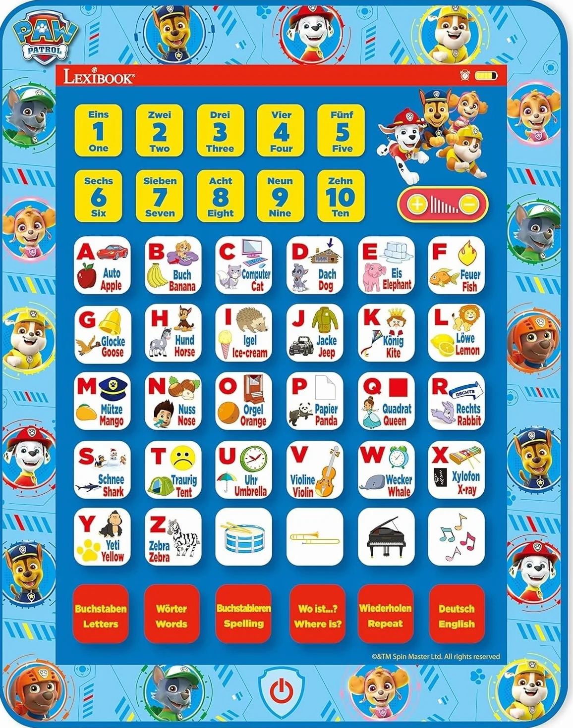 Lexibook Paw Patrol, JCPAD002PAi3, tavoletta educativa bilingue interattiva, Giocattolo per Imparare Lettere dell'alfabeto, Numeri, Parole, ortografia e Musica, Lingua Inglese/Tedesca, Blu